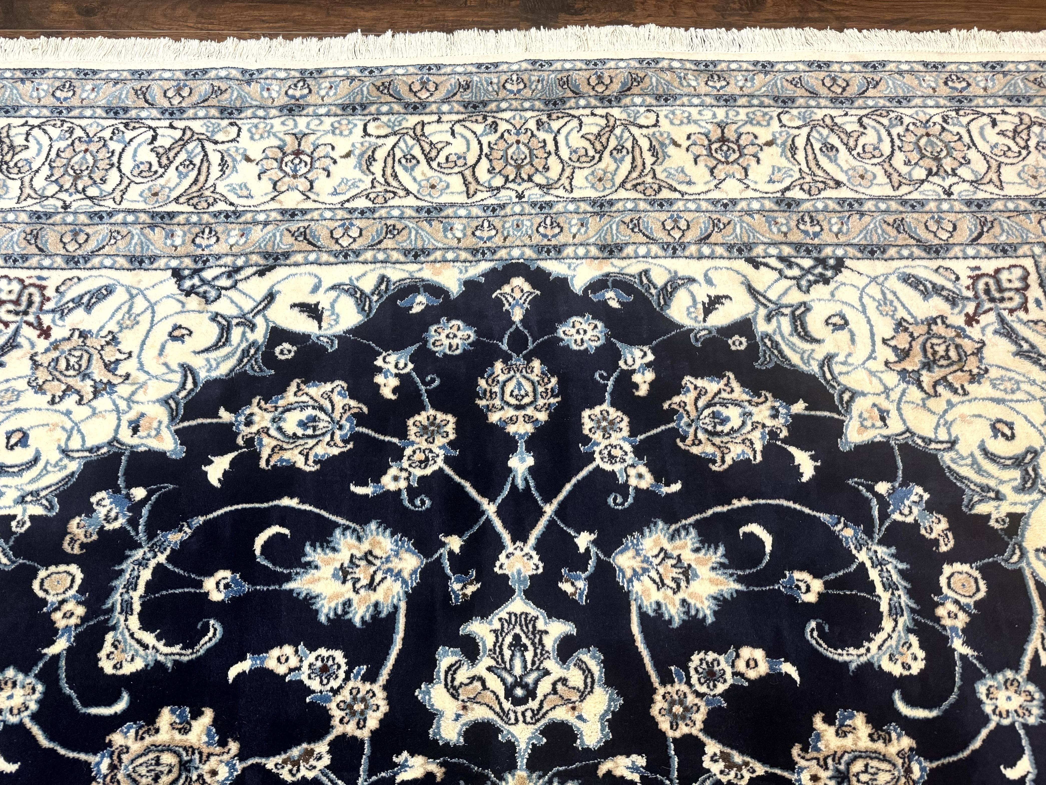 Persian Nain Rug 8x11, Navy Blue and Ivory, Handmade Wool Vintage Carpet, Floral Medallion - Jewel Rugs