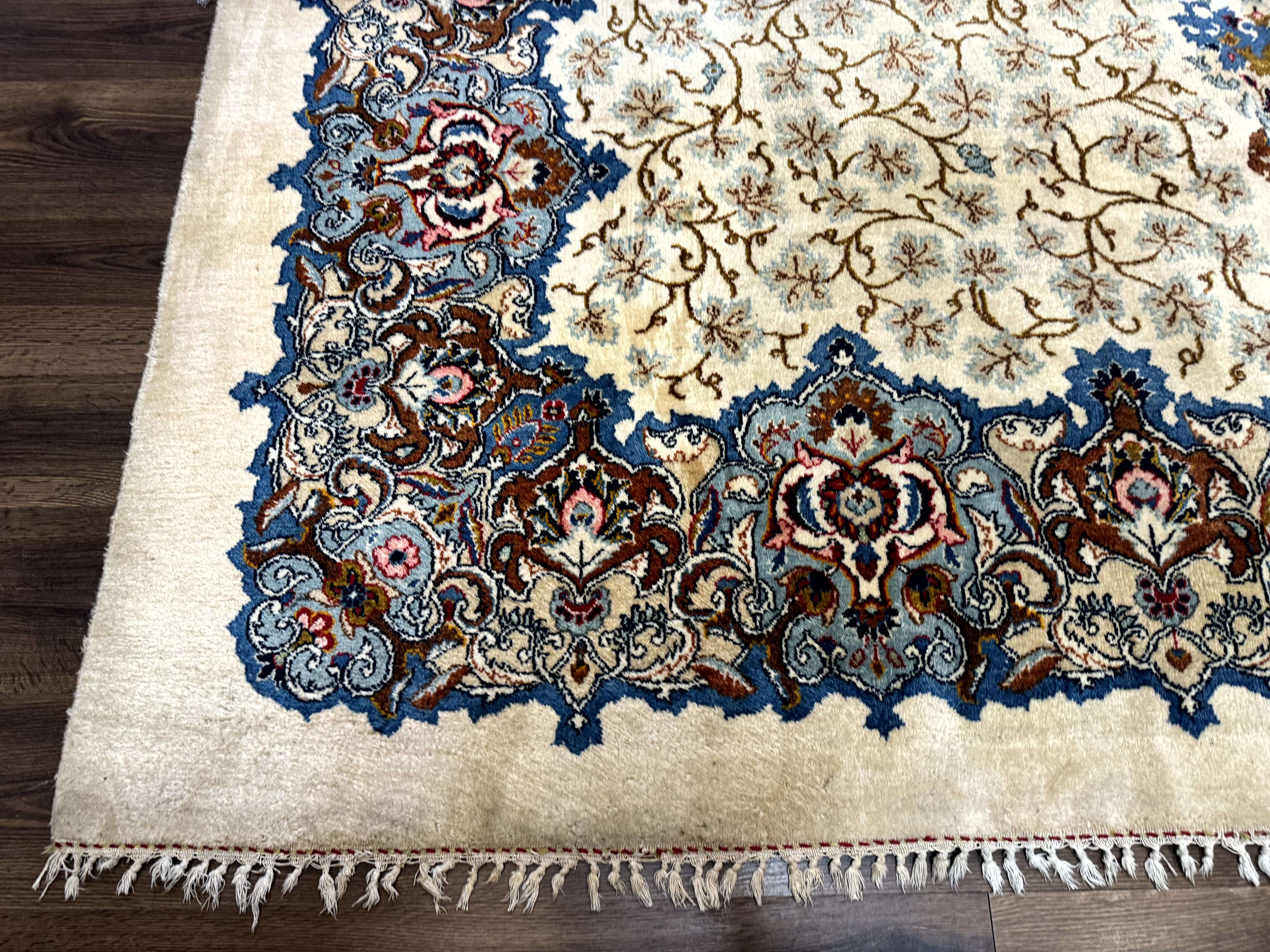 Persian Kashan Rug 9 x 12.6, Ivory and Blue, Floral Medallion, Wool Hand Knotted Semi Antique Carpet - Jewel Rugs