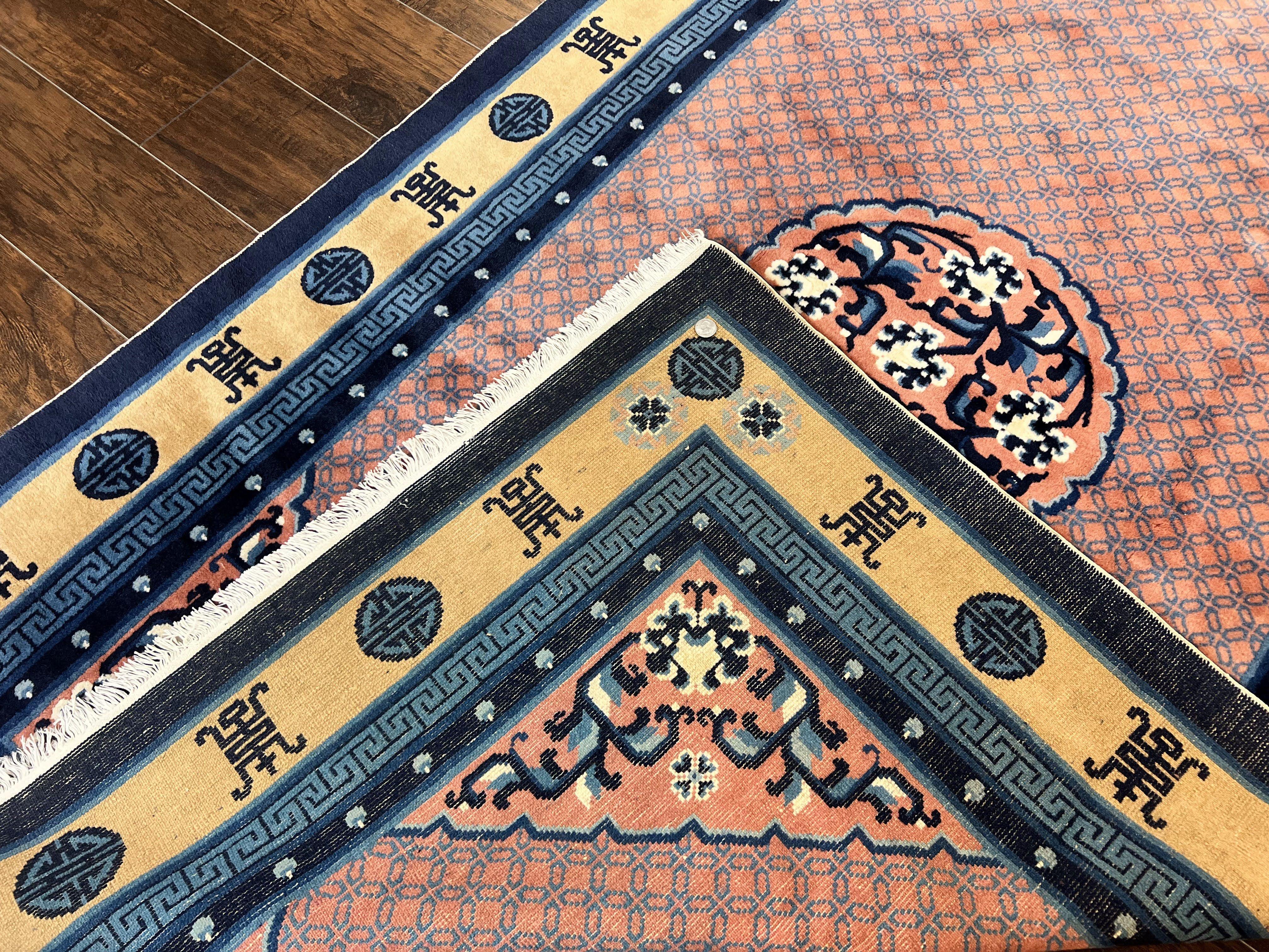 Chinese Peking Rug 5x8, Vintage Semi Antique Chinese Art Deco Carpet, Wool Pile Light Red/Salmon Gold Navy Blue, Handmade Asian Oriental Rug - Jewel Rugs