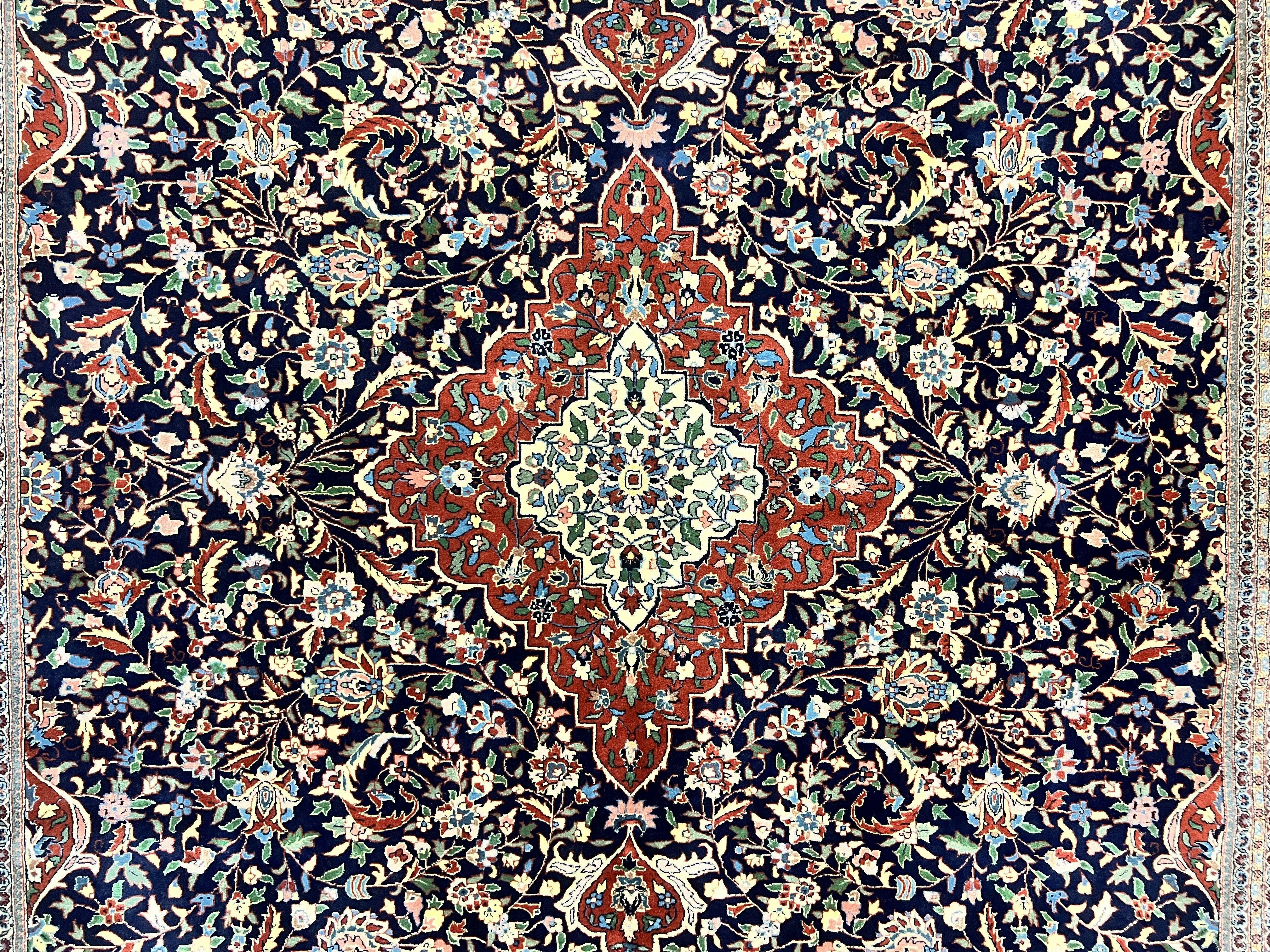 Indo Persian Rug 8x10, Floral Medallion, Vintage Handmade Wool Carpet, Navy Blue and Red, Fine 300 KPSI - Jewel Rugs