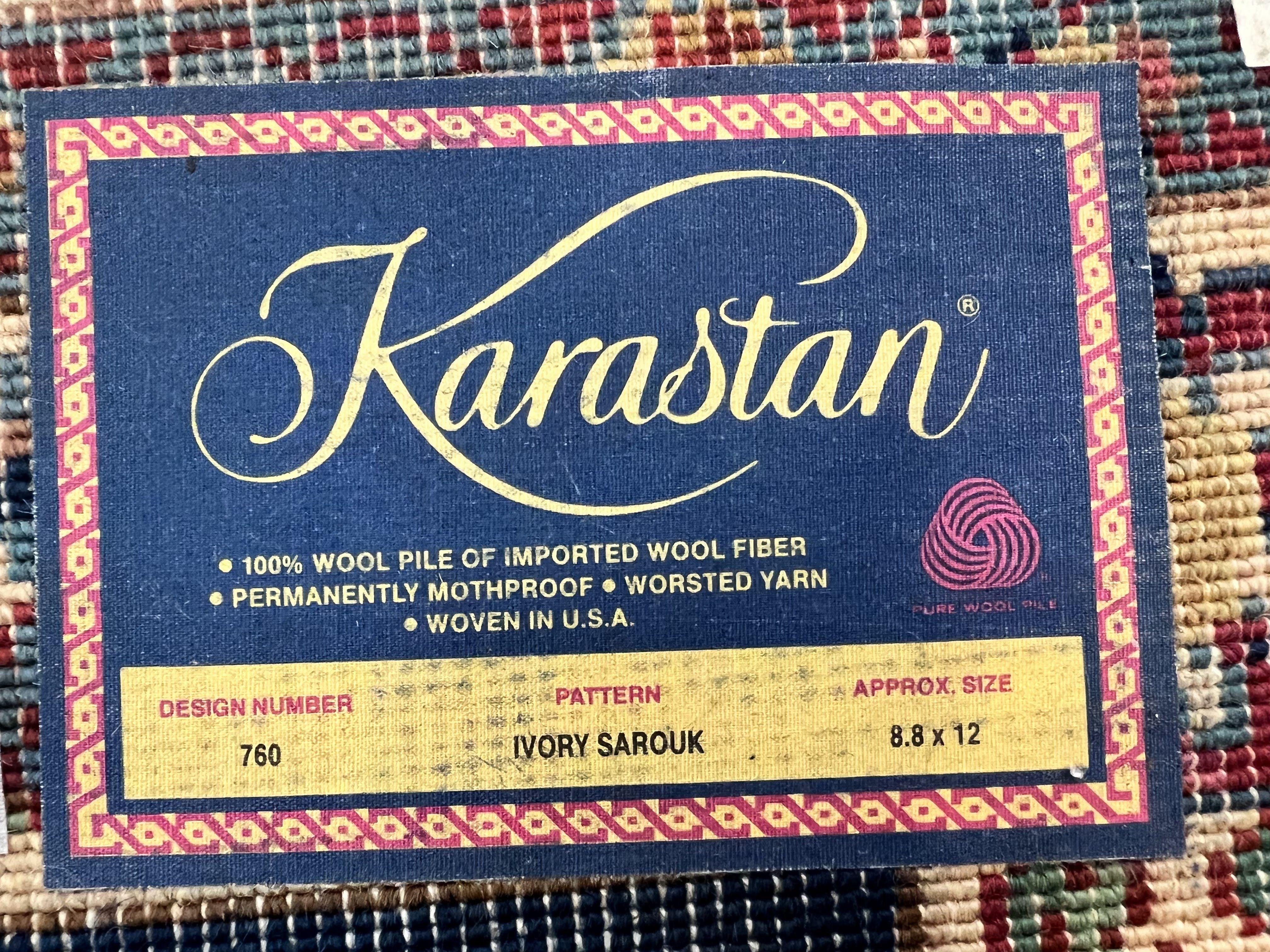 Karastan Rug 8' 8" x 12', Ivory Sarouk #760, Original Karastan Carpet 700 Series, Wool Karastan Area Rug, USA Made, Large Karastan w/ Label - Jewel Rugs