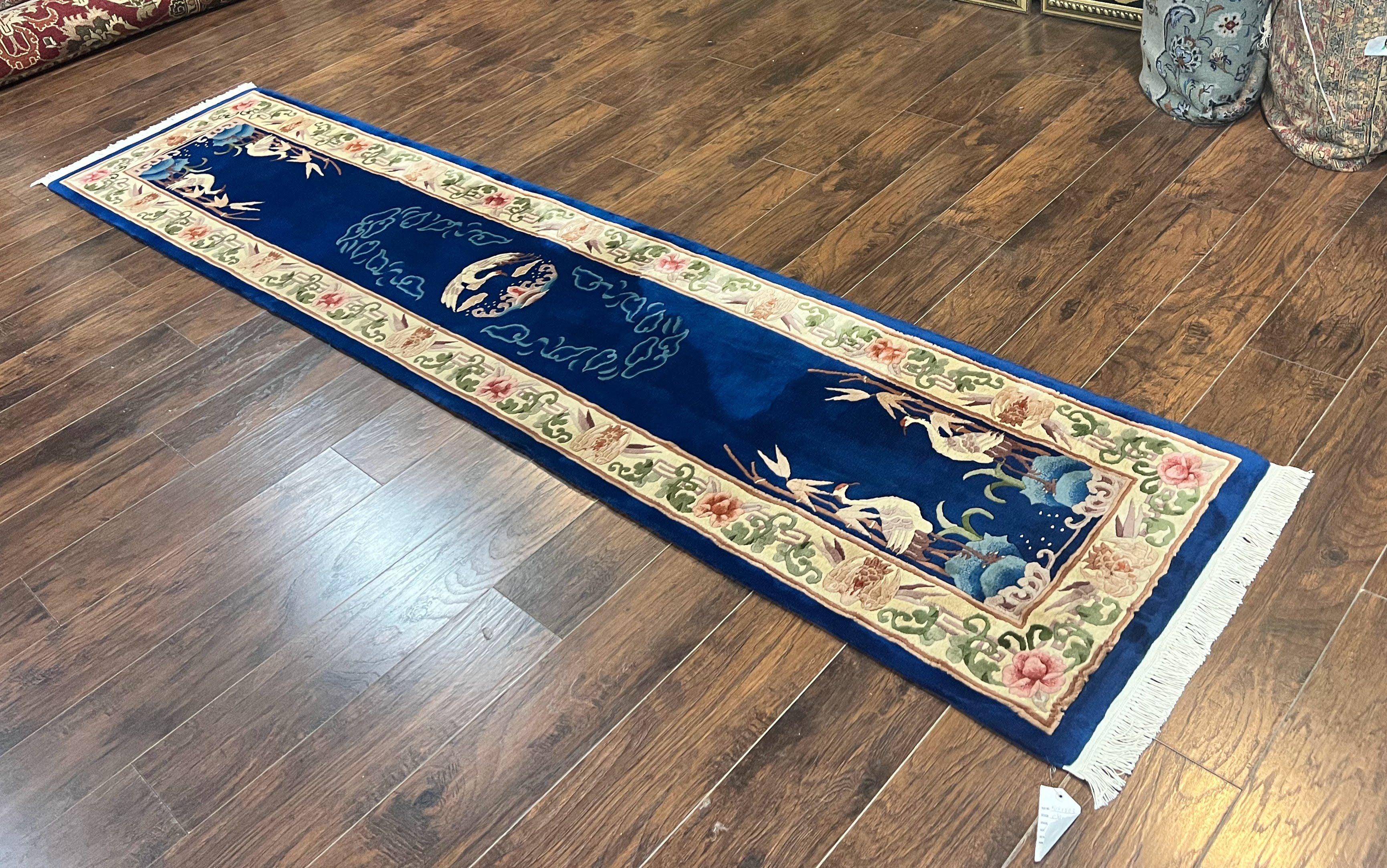 Chinese Wool Runner Rug 2x11, Blue and Beige, Swans, Handmade Vintage Asian Oriental Chinese Carving Rug, Art Deco 2 x 11 ft - Jewel Rugs