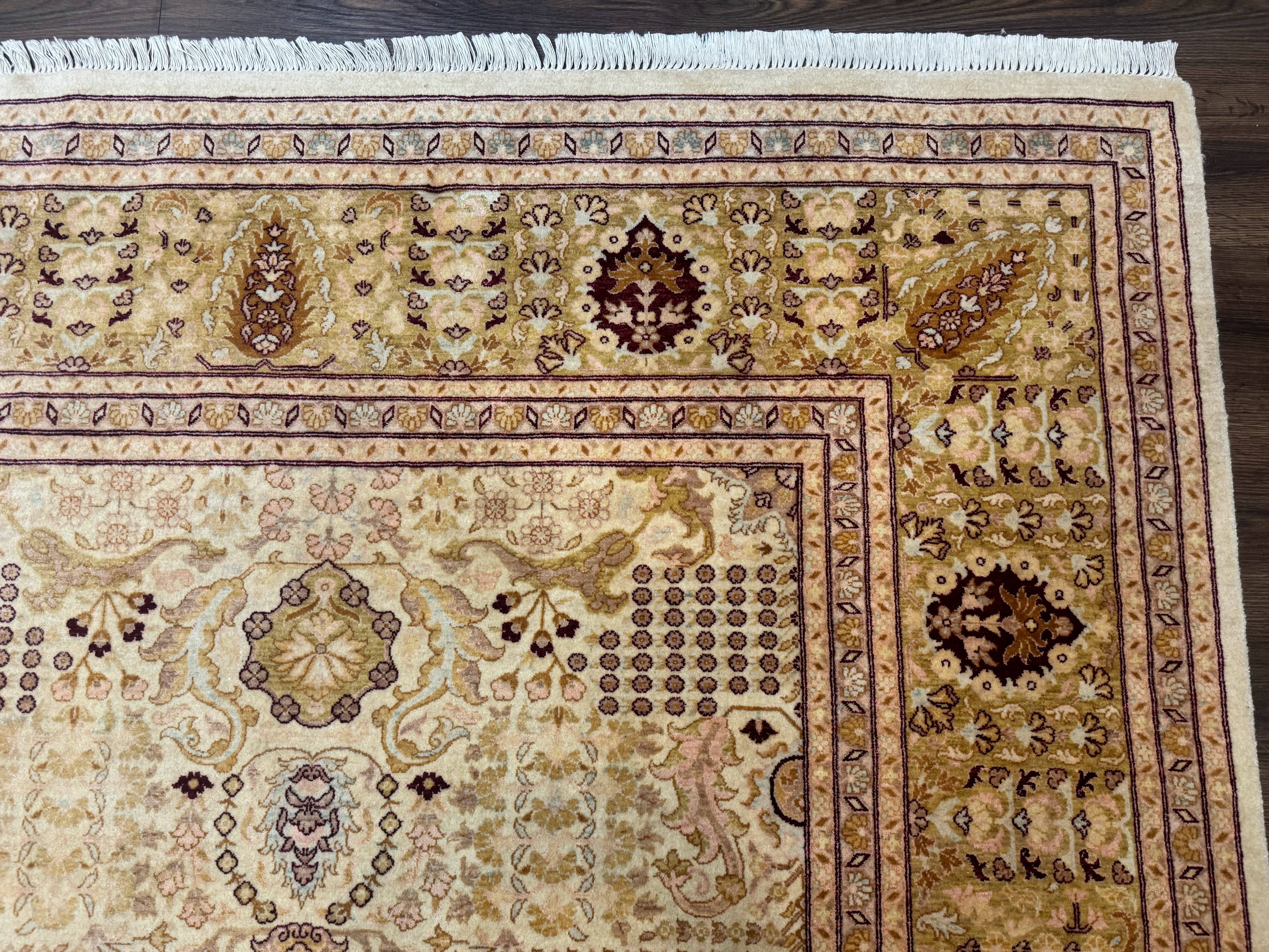 Pakistani Carpet 9x12, Finely Hand Knotted 270 KPSI, Cream, Allover Pattern - Jewel Rugs