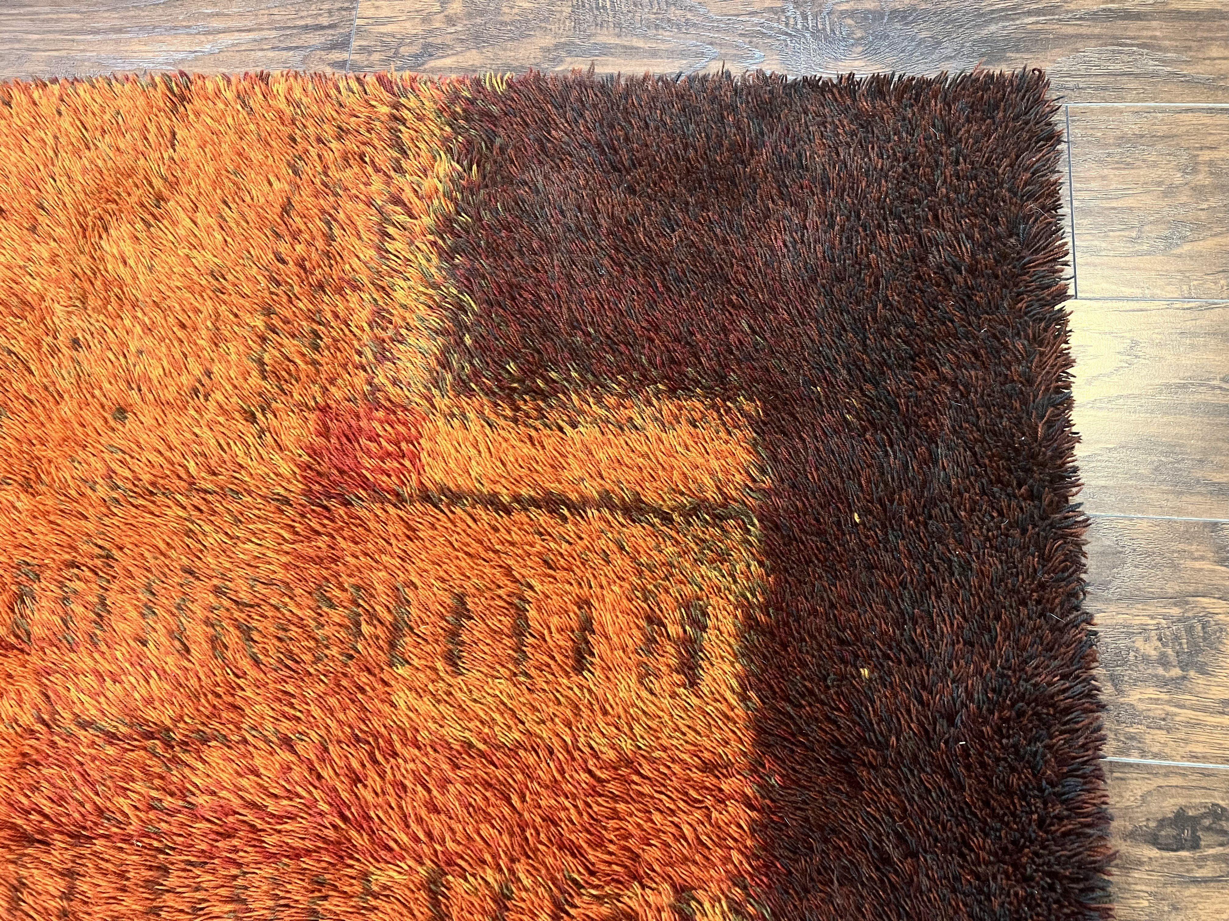 Rya Shag Rug 6x9, Finnish Rya Carpet, Mid Century Vintage Rug, Modern Abstract Design, Orange Brown, Wool Pile - Jewel Rugs