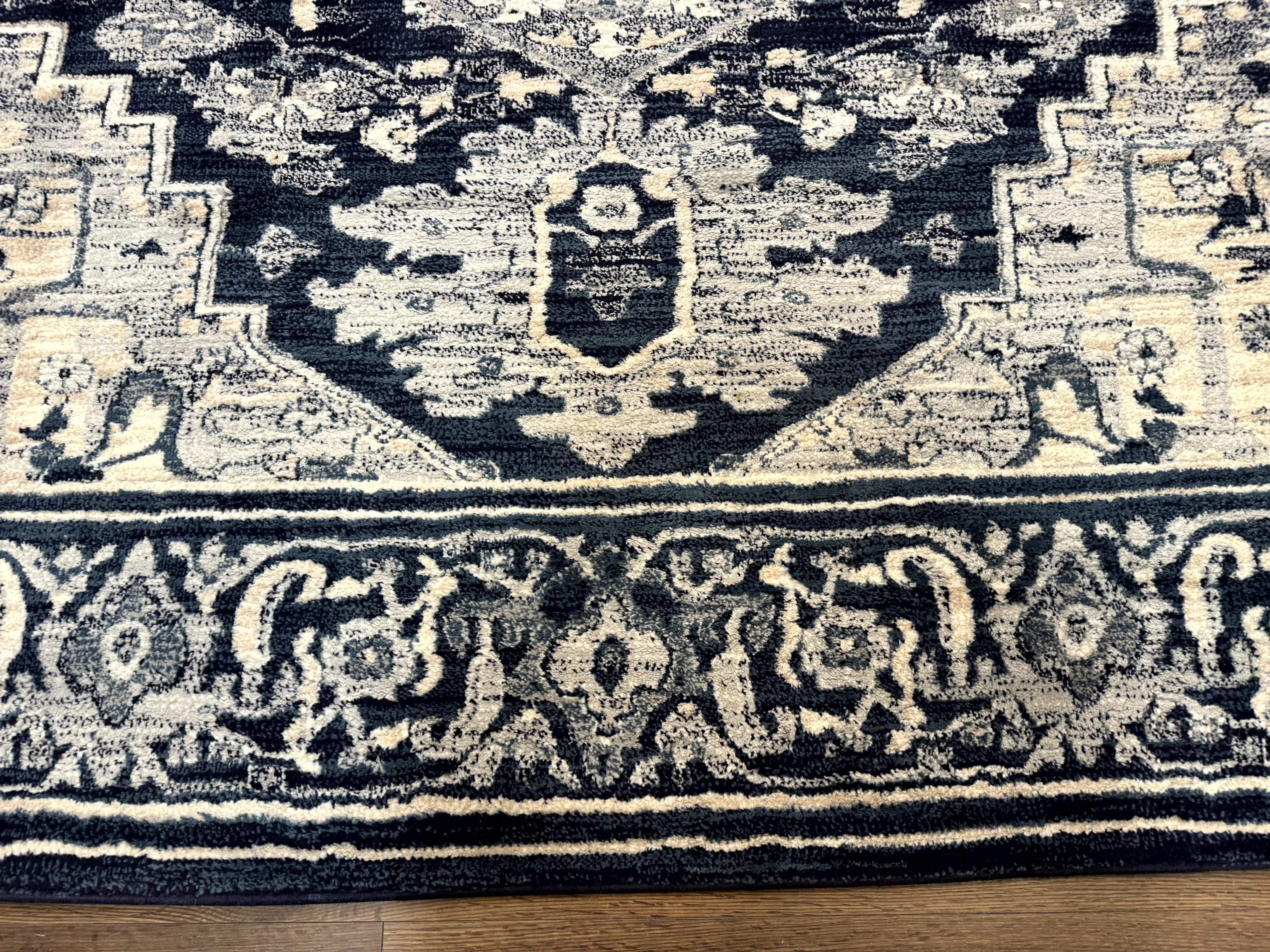 Heriz Pattern Rug 8x10, Modern Heriz Carpet, Geometric Area Rug, Oat and Navy Blue - Jewel Rugs