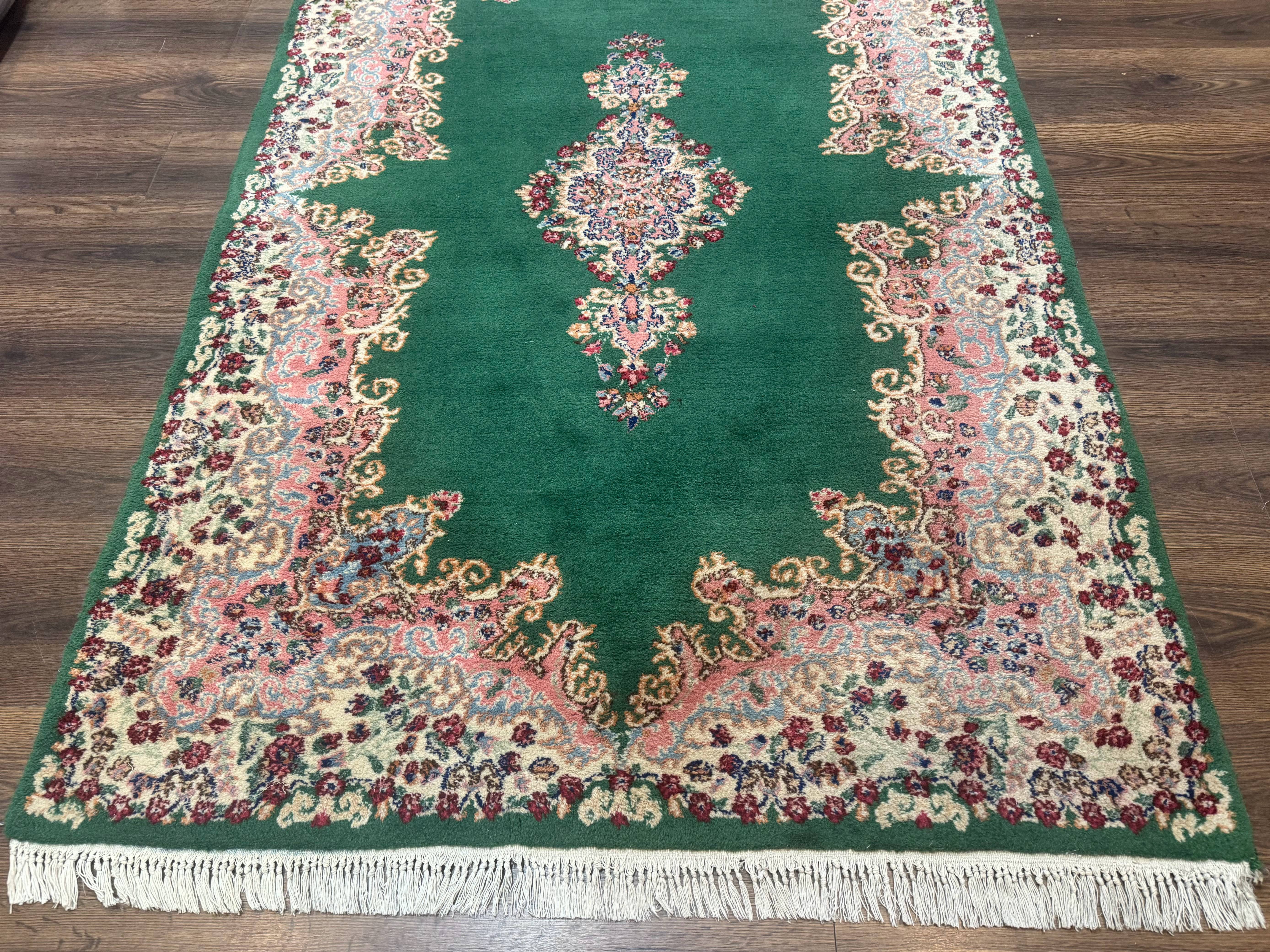 Green Persian Kerman Rug 4x6, Semi Open Field, Green & Cream, Vintage - Jewel Rugs