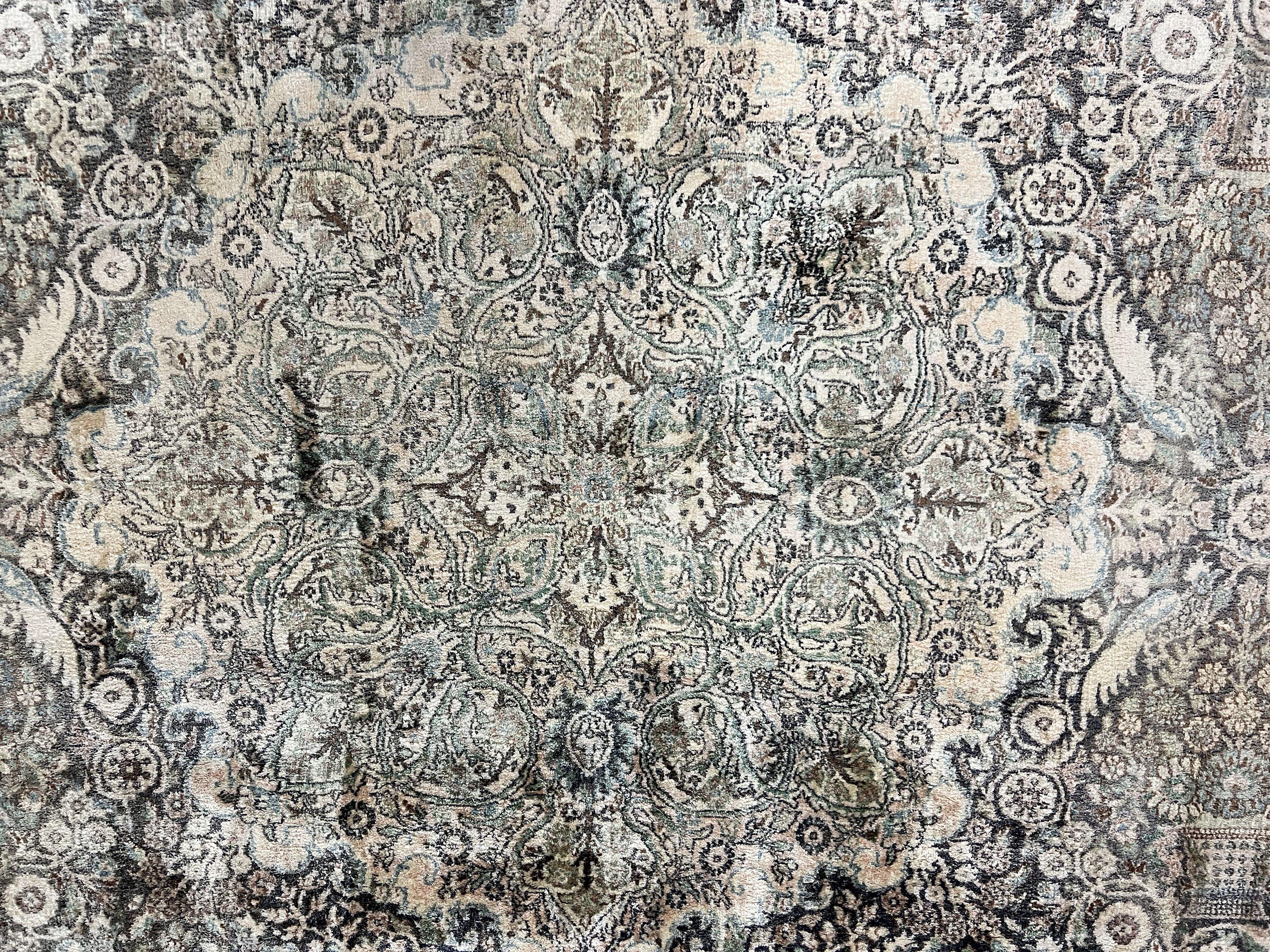 Silk Pak Persian Rug 10x14, Large Fine Silk Carpet 300 KPSI, Dark Gray, Handmade Vintage Rug, Floral, Bird Motifs - Jewel Rugs