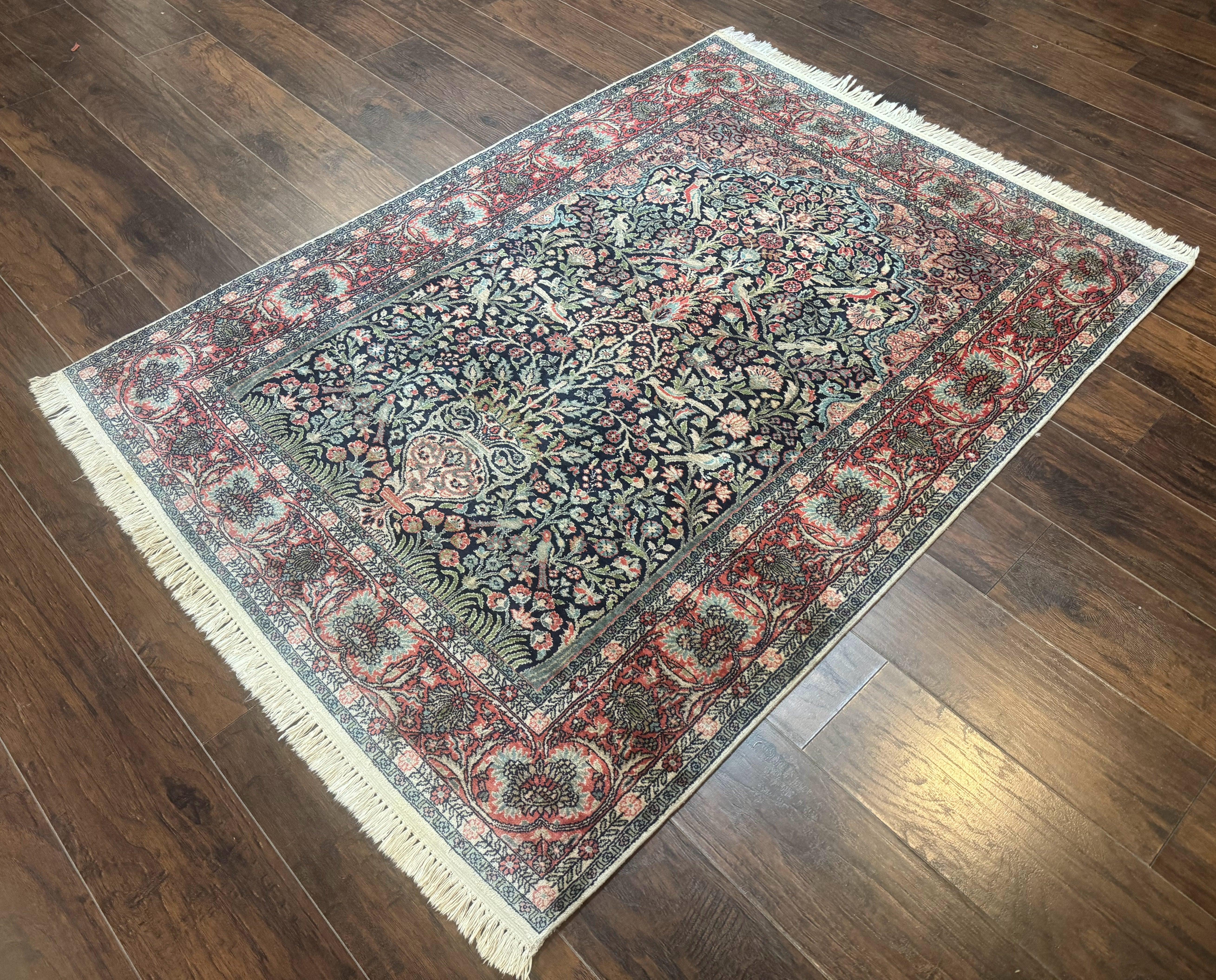 Silk Indian Kashmiri Rug 4x6, Tree of Life Pattern, Birds, Fine 290 KPSI, Navy Blue and Red, Handmade Oriental Carpet - Jewel Rugs