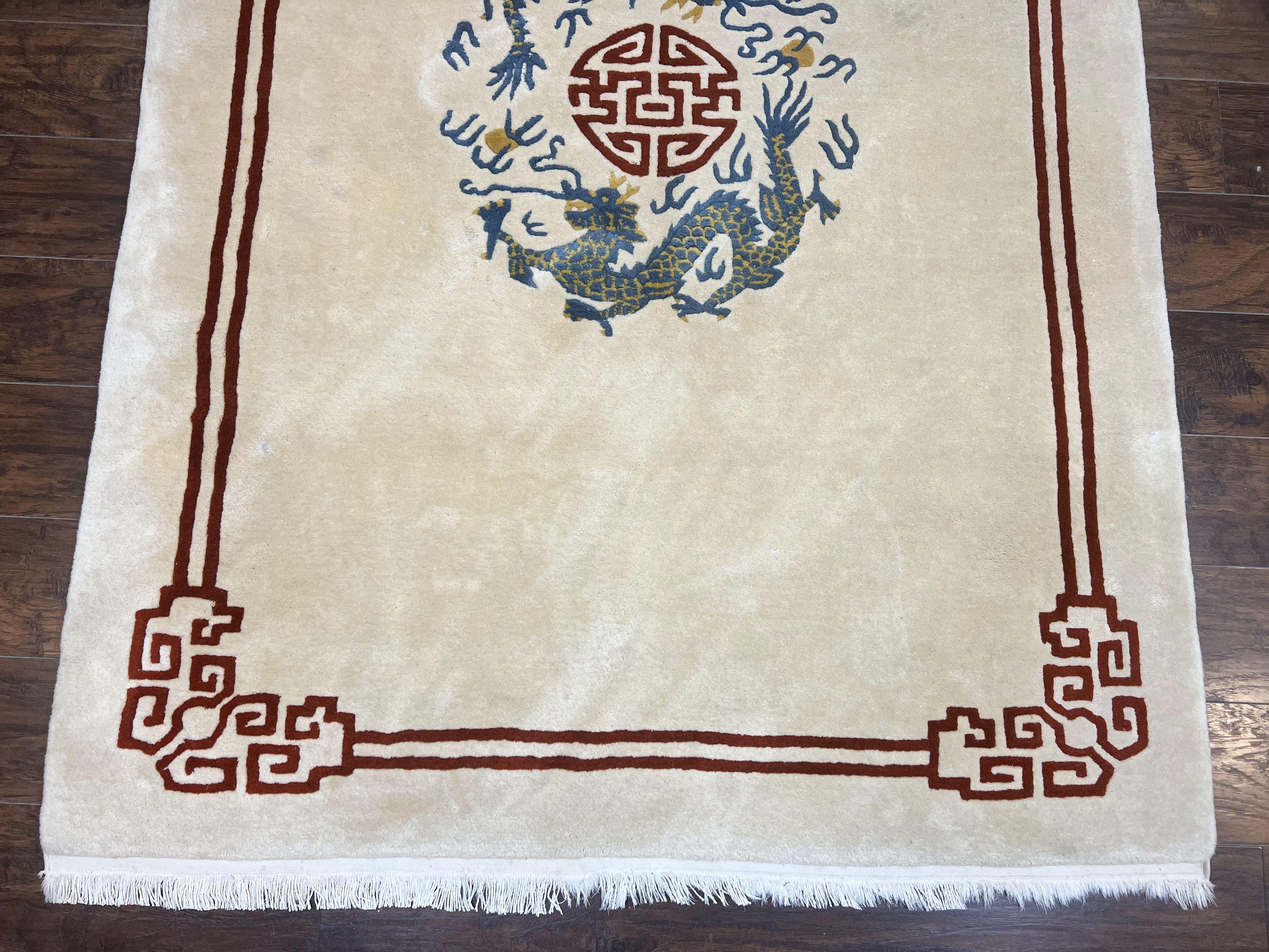 Chinese Wool Rug 5x8, Chinese Dragon Rug 5 x 8, Peking Carpet, Simple Design, Ivory, Wool Vintage Handmade Asian Art Deco Oriental Rug - Jewel Rugs