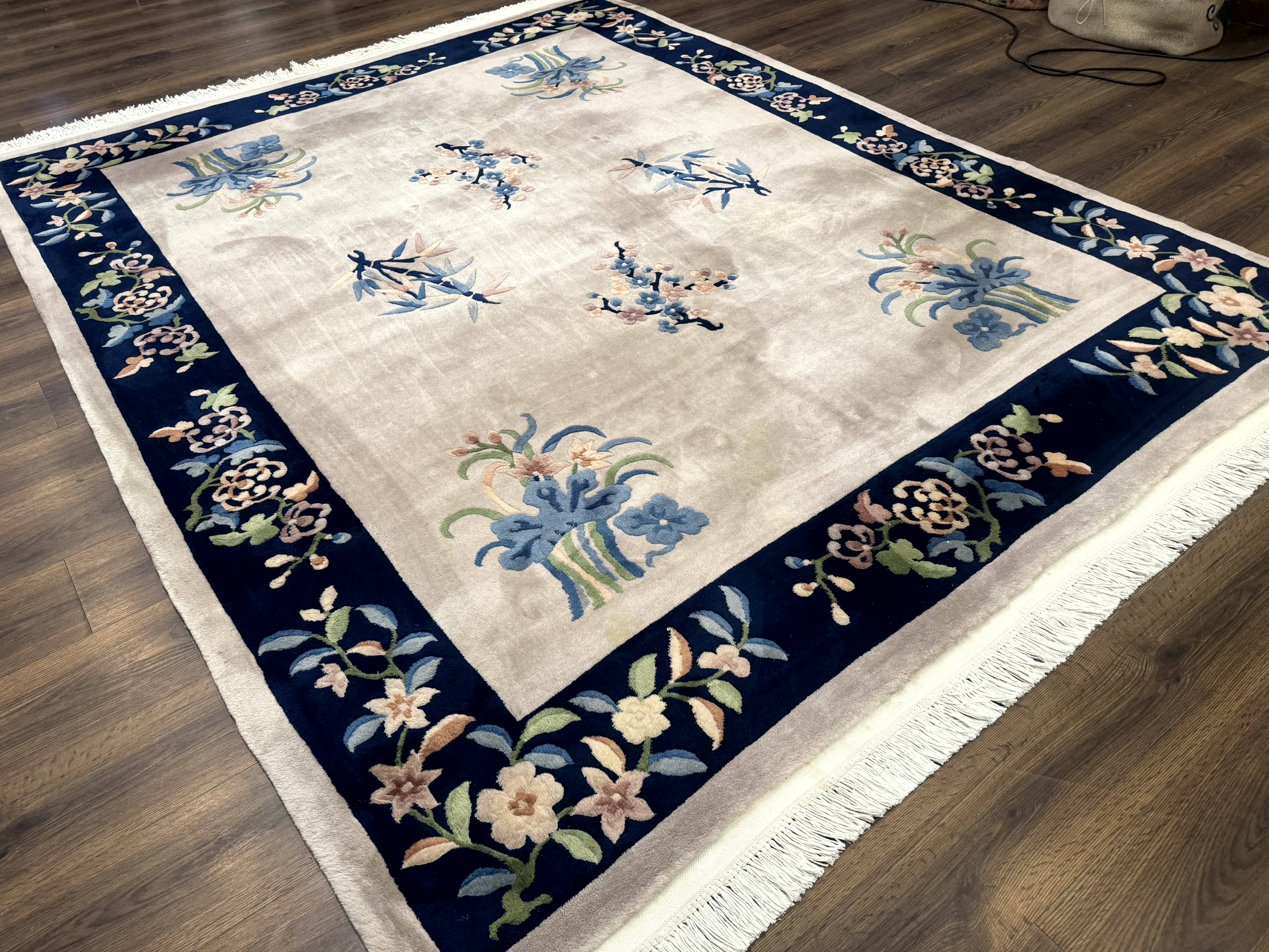 Chinese Wool Rug 8x10, Light Gray and Navy Blue, Floral, Chinese 120 Line Carpet - Jewel Rugs