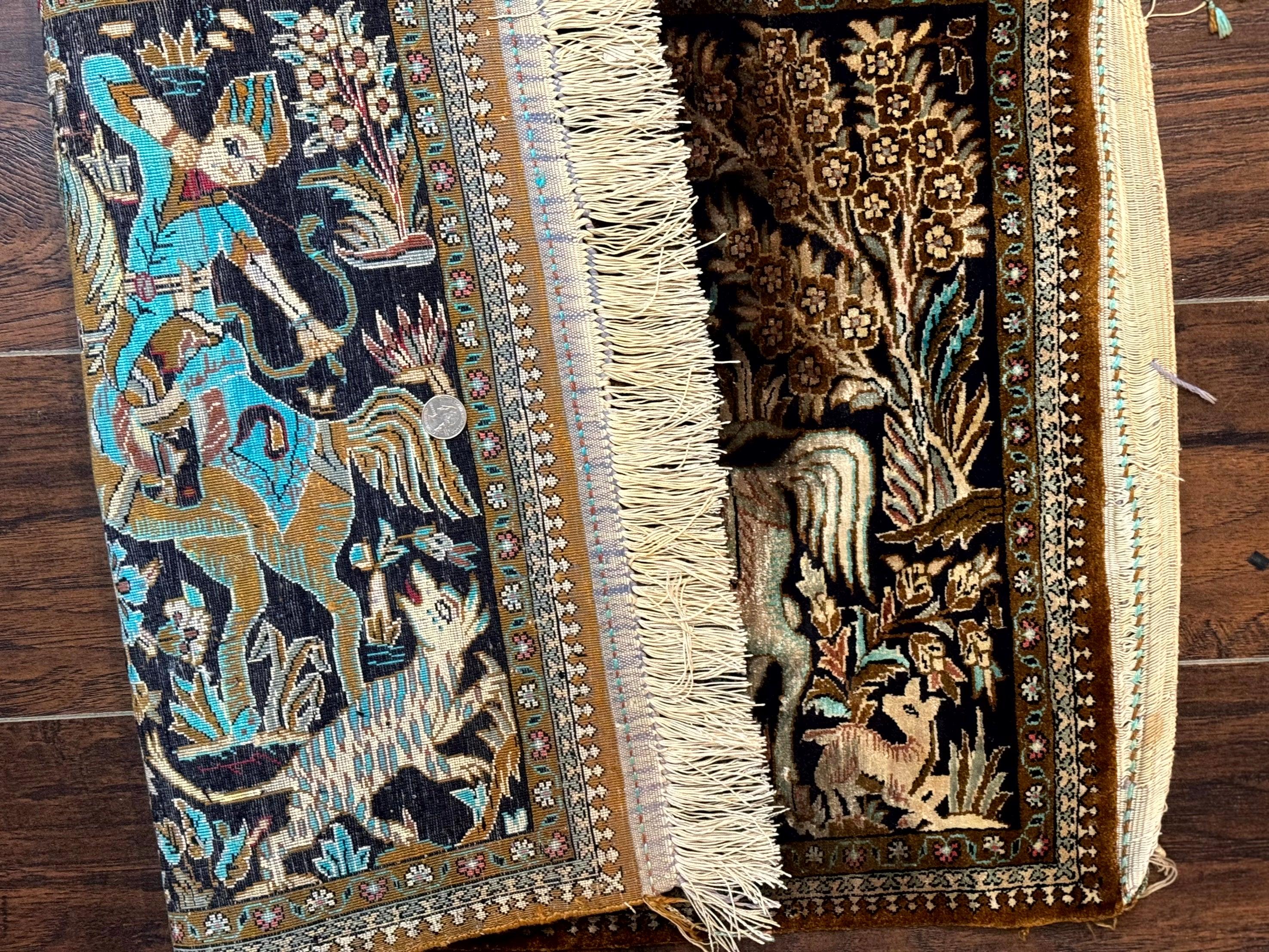 Persian Silk Qum Hunting Design Rug 2x3, Hunting Pattern, Horsemen, Silk on Silk, 330 KPSI - Jewel Rugs