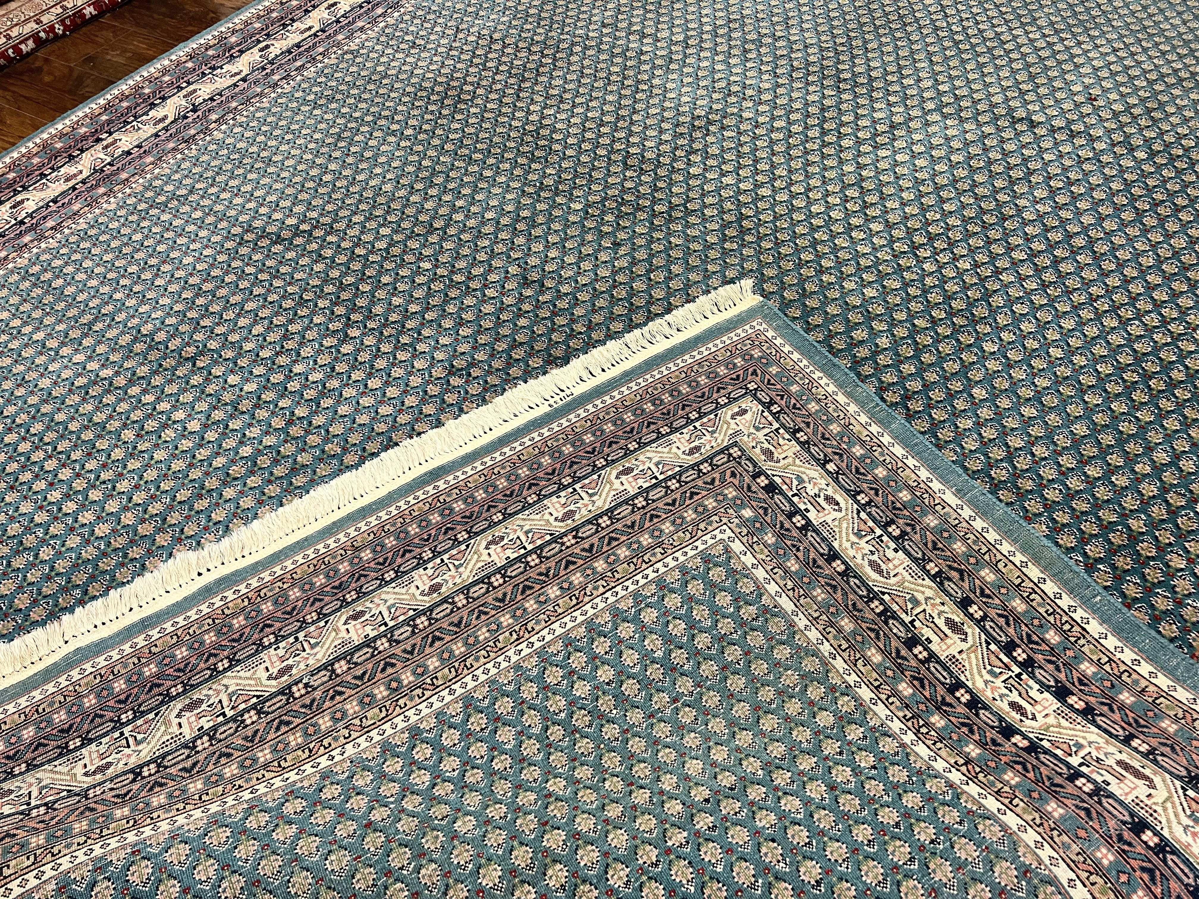 Indo Persian Sarouk Mir Rug 9x12, Green and Cream/Beige, Repeated Boteh Paisley Design, Soft Wool Handmade Hand Knotted Indian Oriental Rug - Jewel Rugs