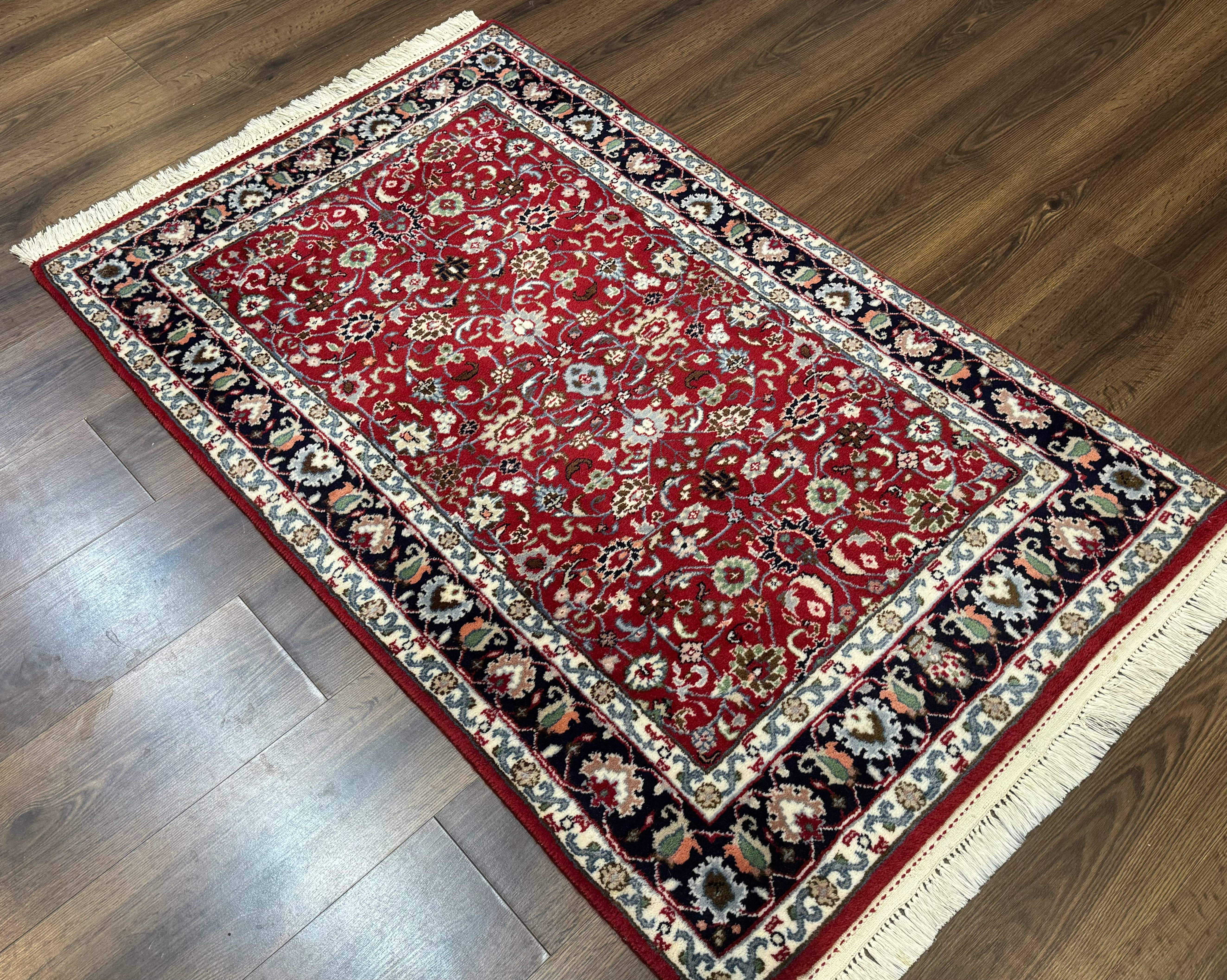 Indo Persian Sarouk Rug 3x5, Red and Dark Blue, Floral, Vintage, Wool - Jewel Rugs