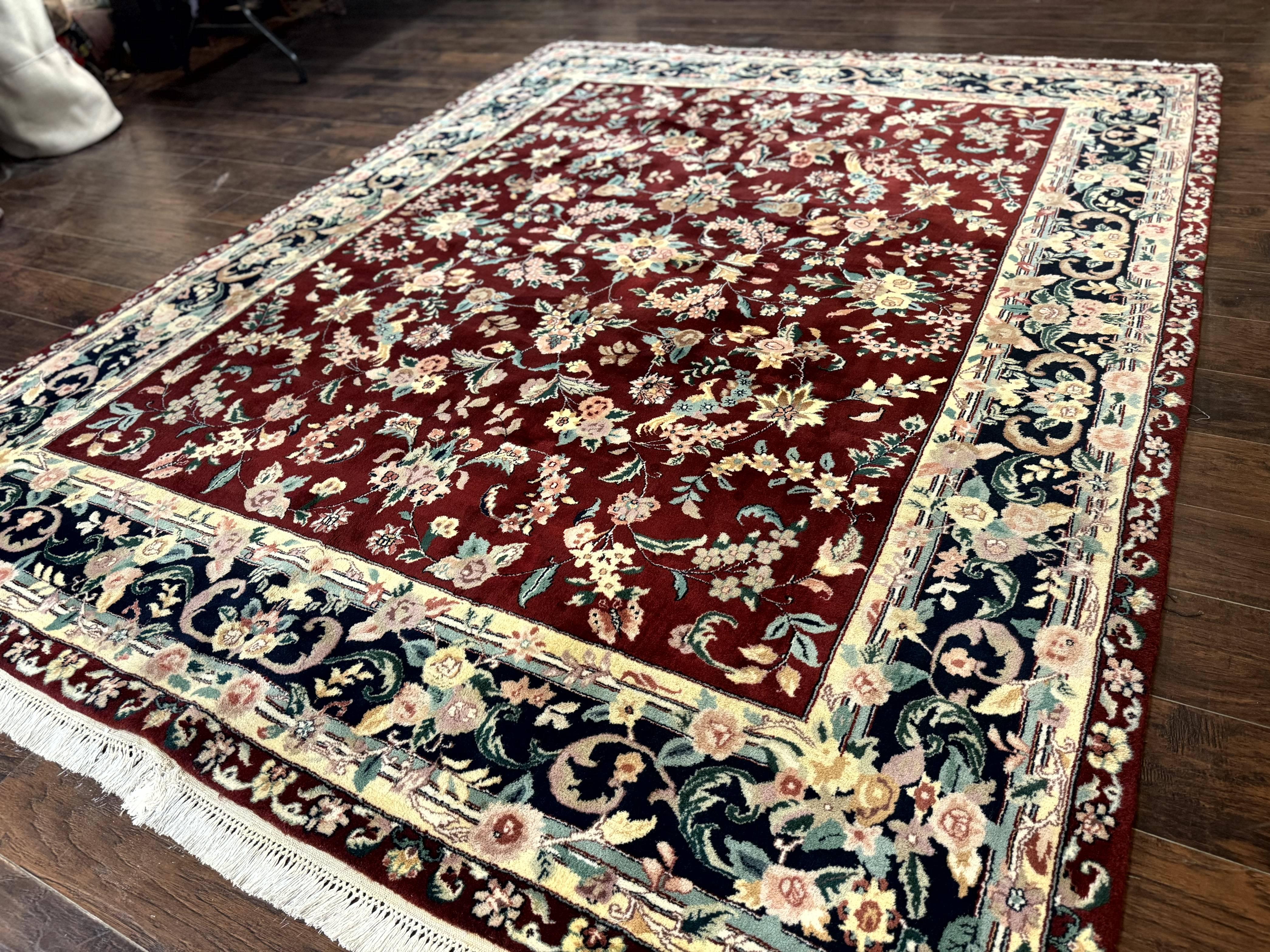 Indo Persian Rug 8x10, Floral Allover with Bird Pictorials, Maroon and Navy Blue, Handmade Wool Area Rug - Jewel Rugs