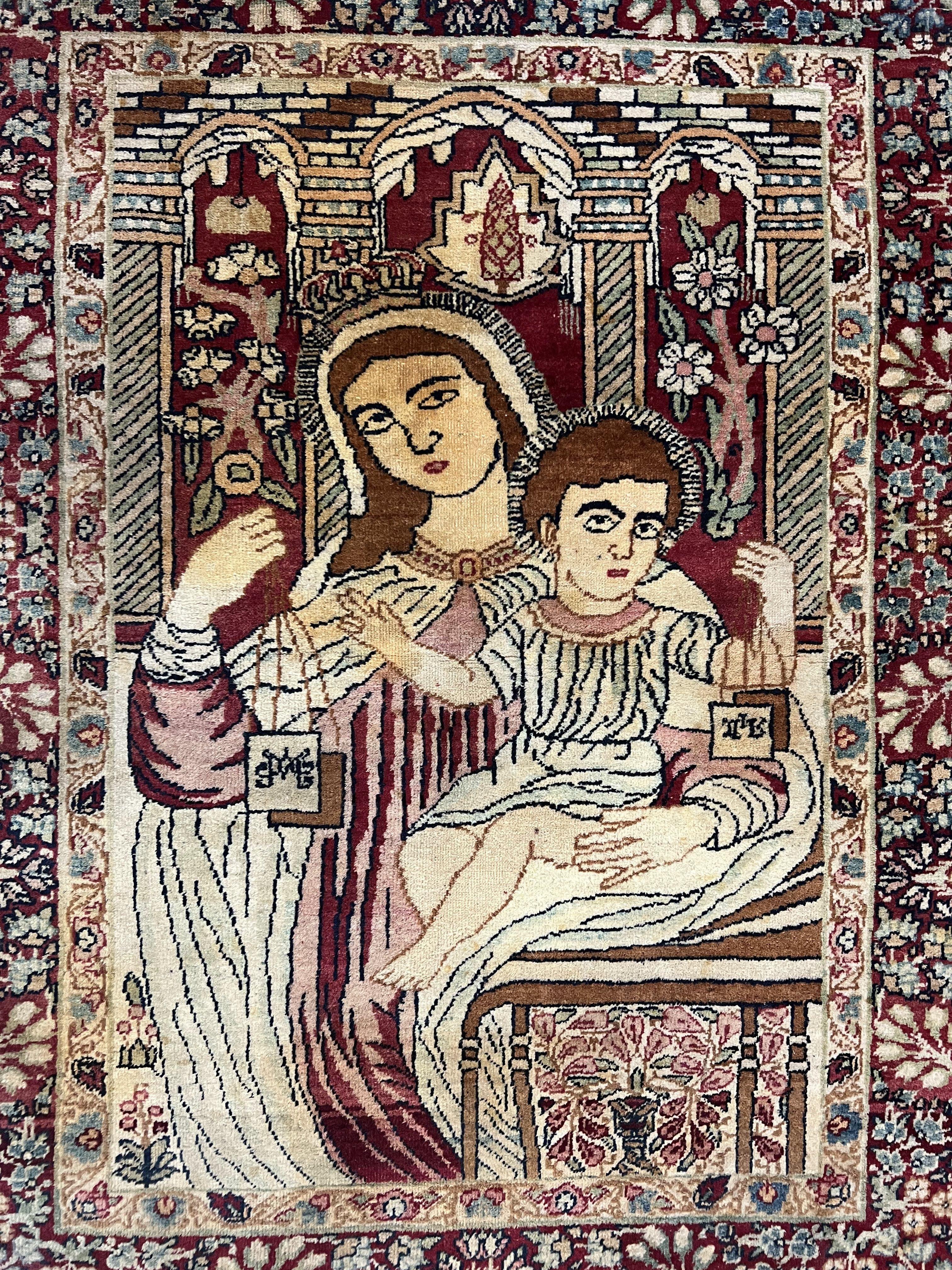 Antique Persian Pictorial Rug 2x3, Virgin Mary and Young Jesus, Rare Christian Kirman Lavar Rug, Hand Knotted Wool Carpet, Collectible - Jewel Rugs