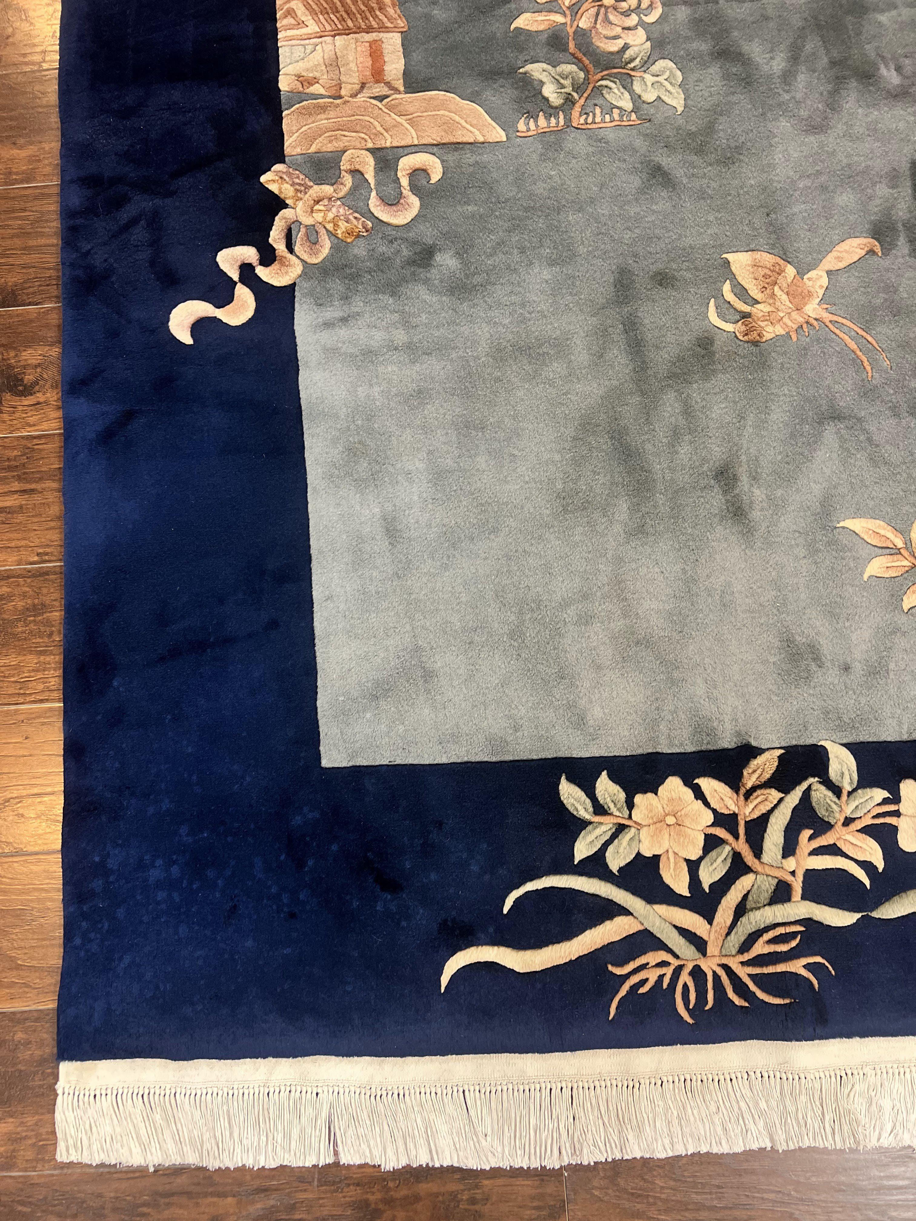 Chinese Wool Rug 9x11, Art Deco Carpet 9 x 11, Wool Handmade Vintage Carving Rug, Navy Blue & Gray, Simple Design, Signed by Masterweaver - Jewel Rugs