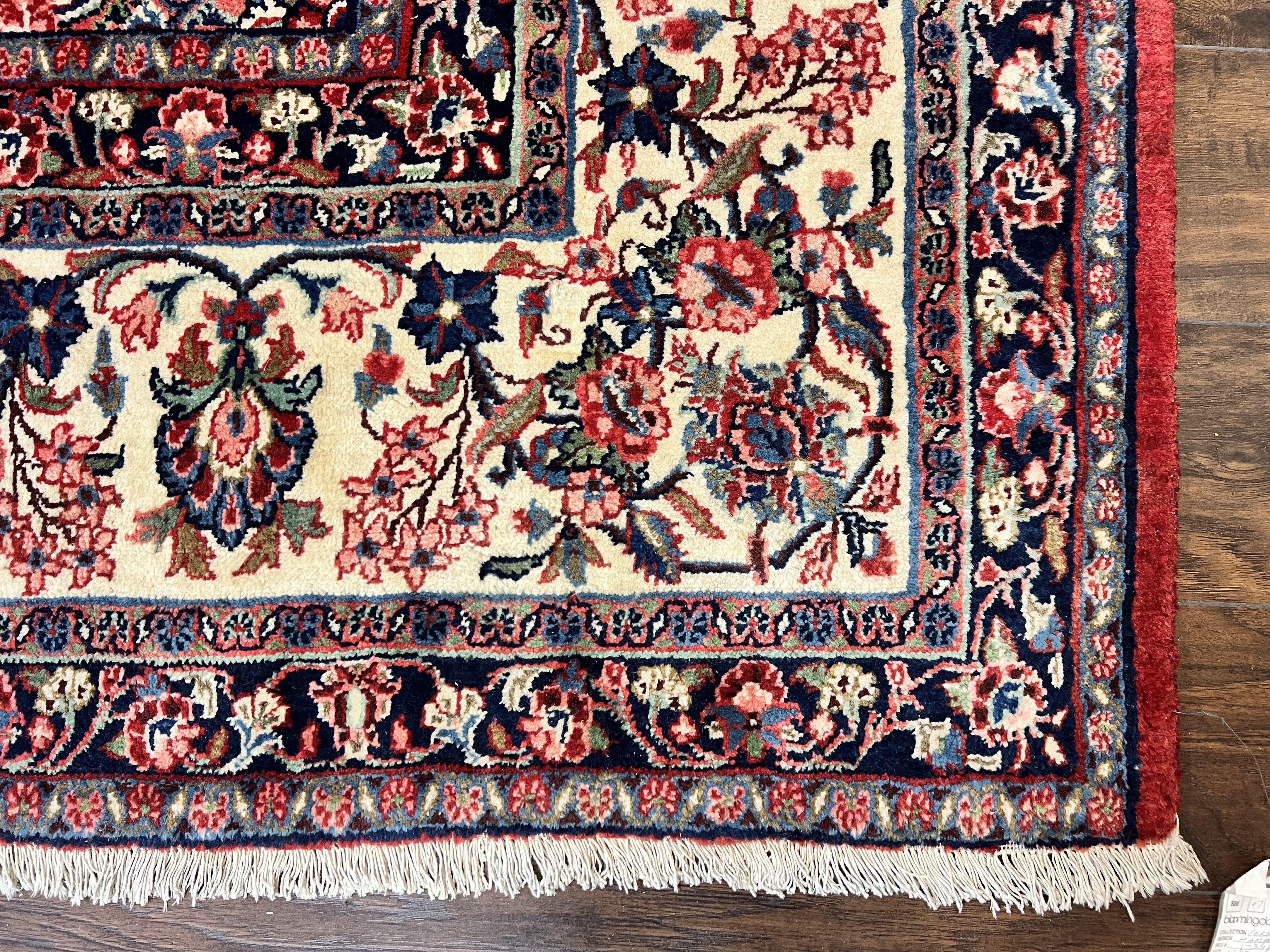 Persian Sarouk Rug 11x13, Wool Hand Knotted Antique Carpet, Red Ivory Traditional Handmade Large Oriental Area Rug 11 x 13, Floral Medallion - Jewel Rugs