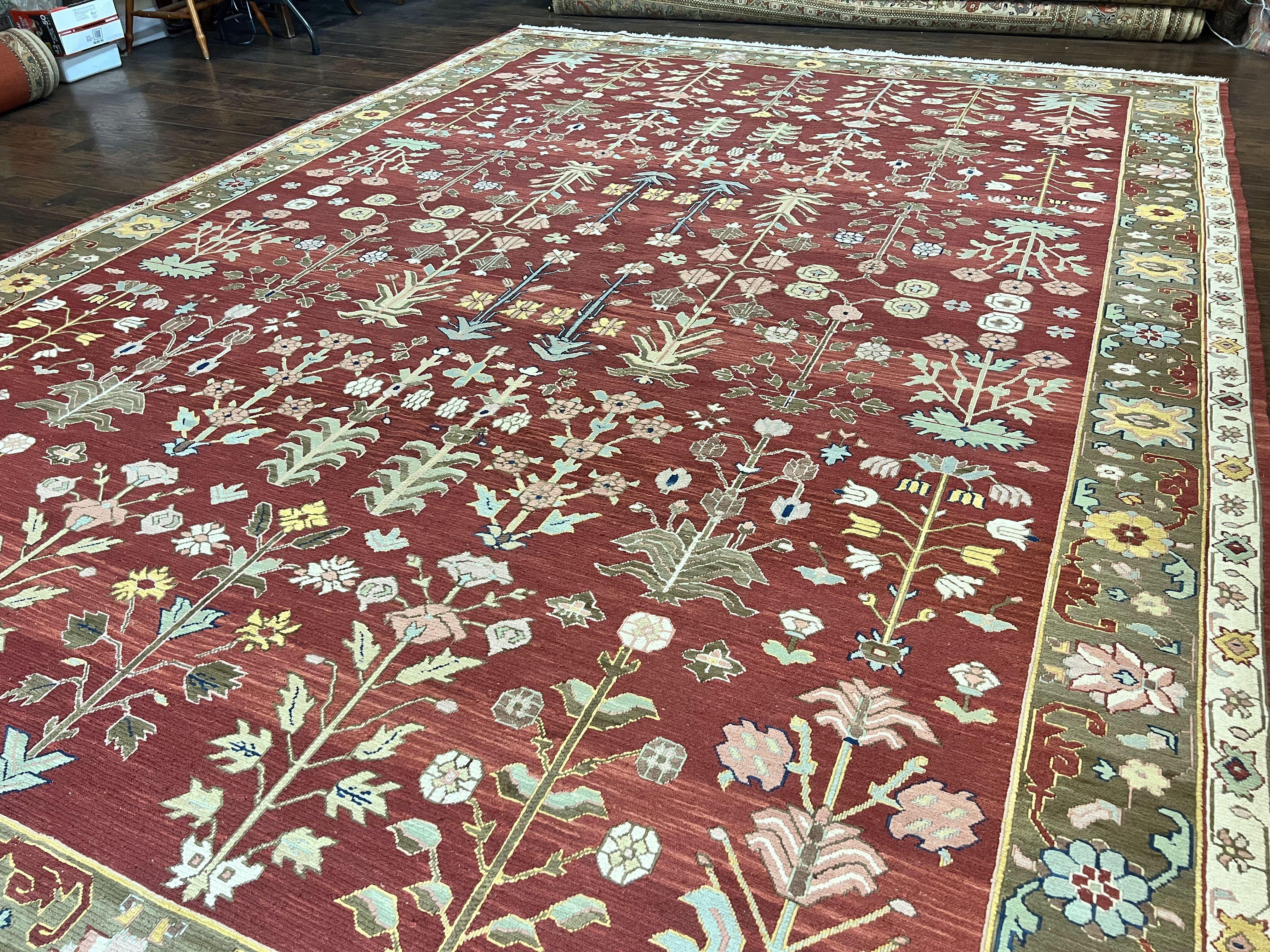 Indian Rug 10x14, Wool Hand Knotted Flatweave Carpet, Tree of Life, Red and Green - Jewel Rugs