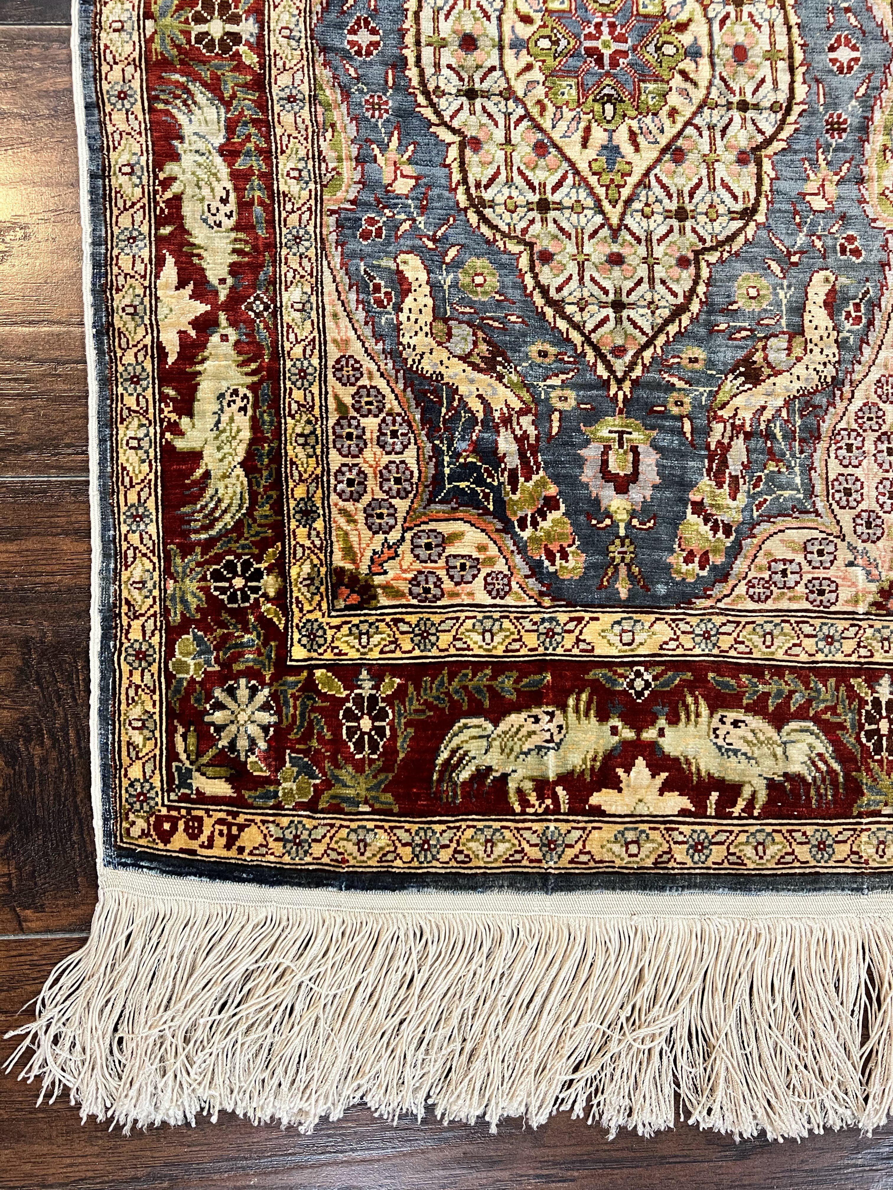 Silk Turkish Hereke Rug 2x3, Peacocks Birds, Signature from Master Weaver, Super Finely Hand Knotted 550 KPSI, Animal Pictorials - Jewel Rugs