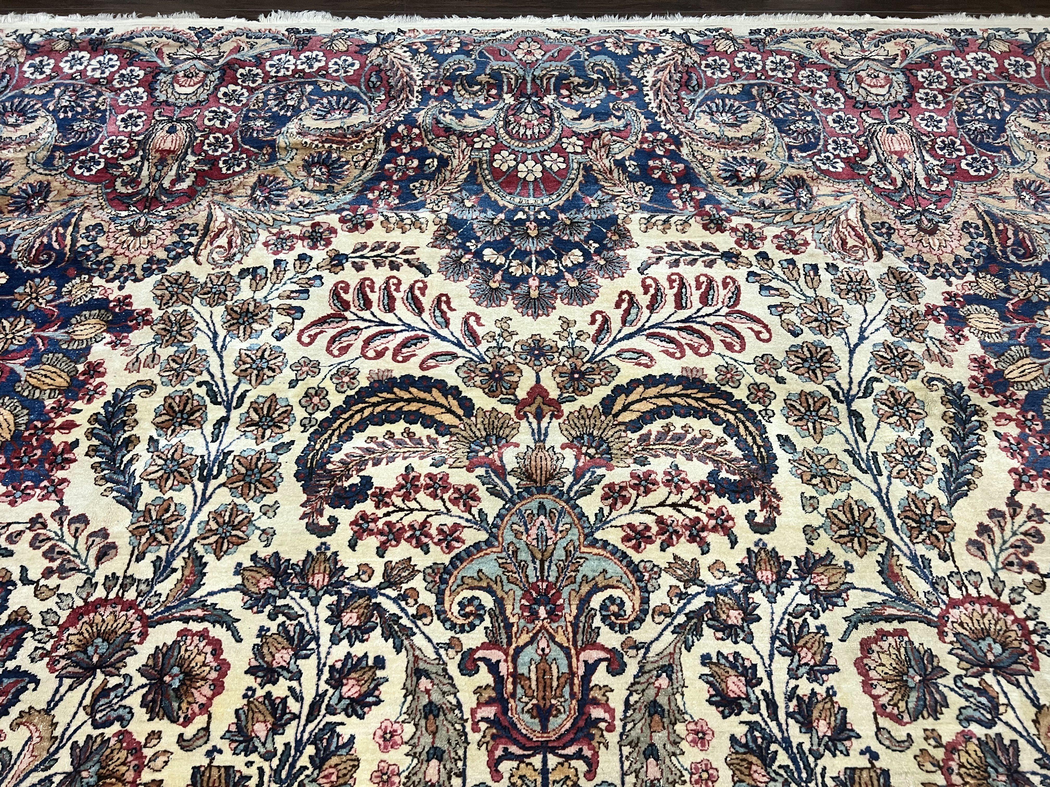 Persian Kirman Rug 11x17, Wool Hand Knotted Antique Carpet, Ivory Navy Blue, Allover Floral, 11 x 17 Oversized Rug, Palace Size Kerman Oriental Rug - Jewel Rugs