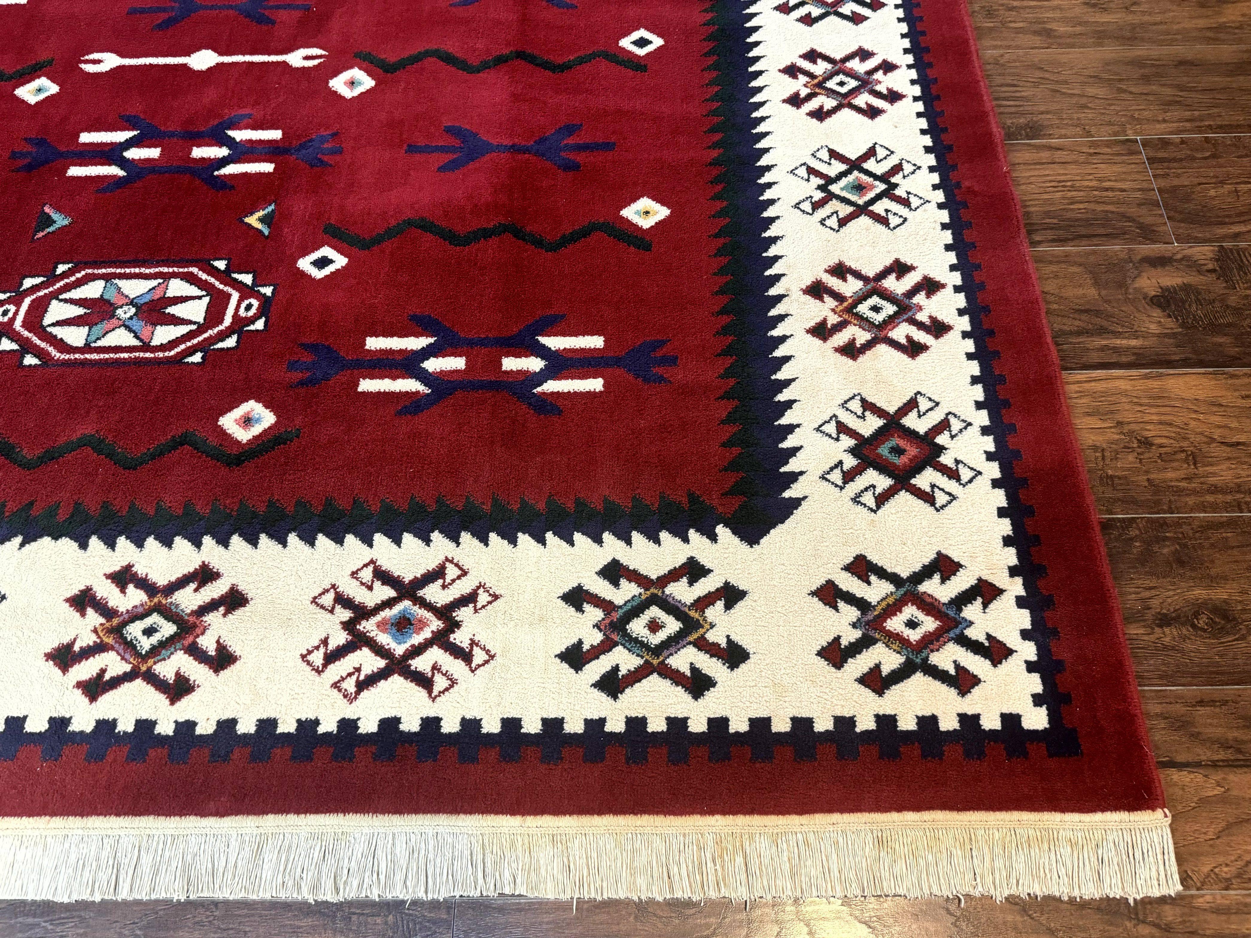 Belgium Power Loomed Rug 8x11, Navajo Native American Design, Dark Red and Ivory, Tribal Rug, Bohemian Carpet - Jewel Rugs
