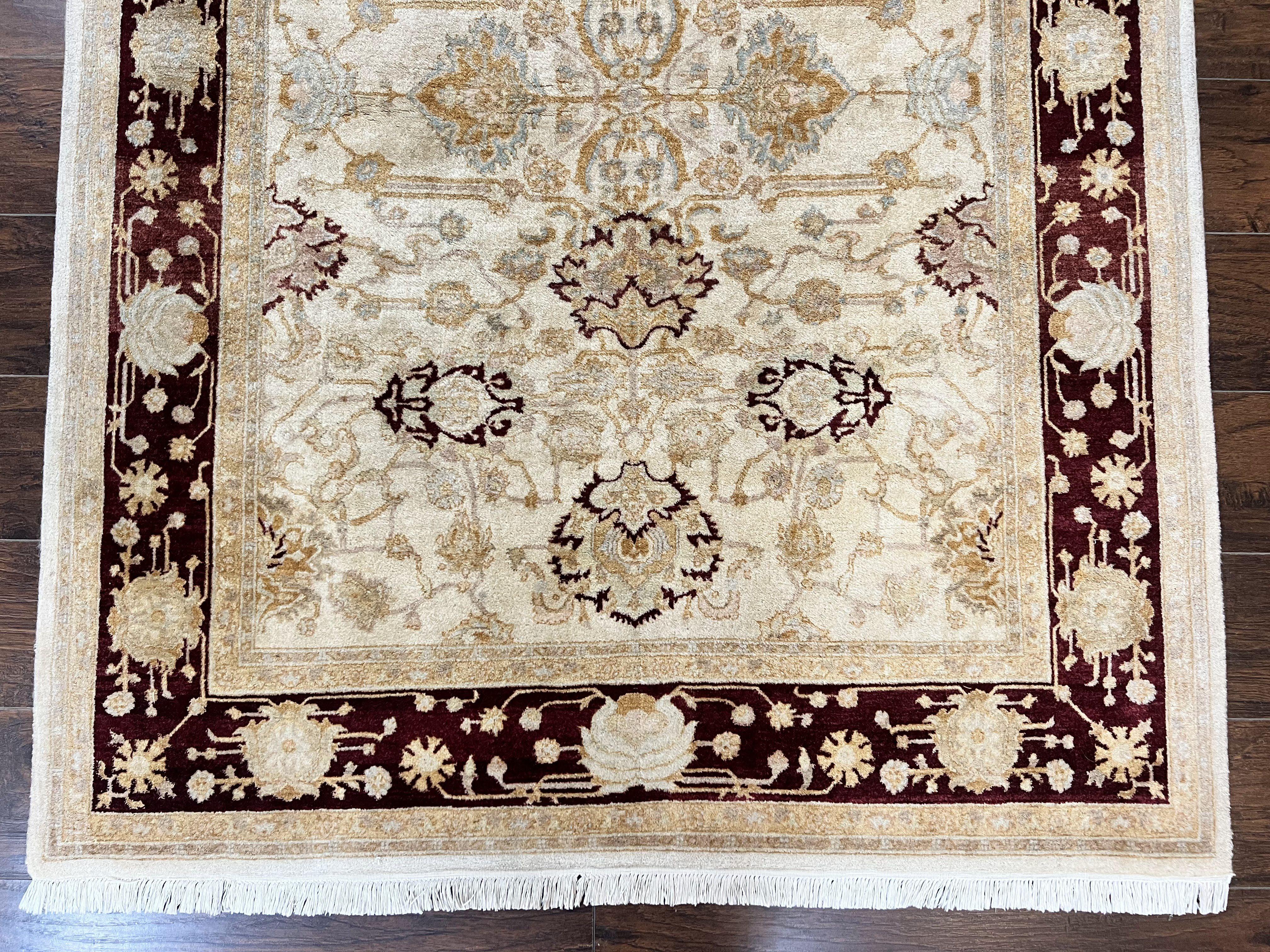 Peshawar Rug 5x7, Beige and Maroon, Vintage Handmade Wool Traditional Carpet 5 x 7 ft, Pakistani Rug, Agra Pattern, Very Fine 260 KPSI - Jewel Rugs