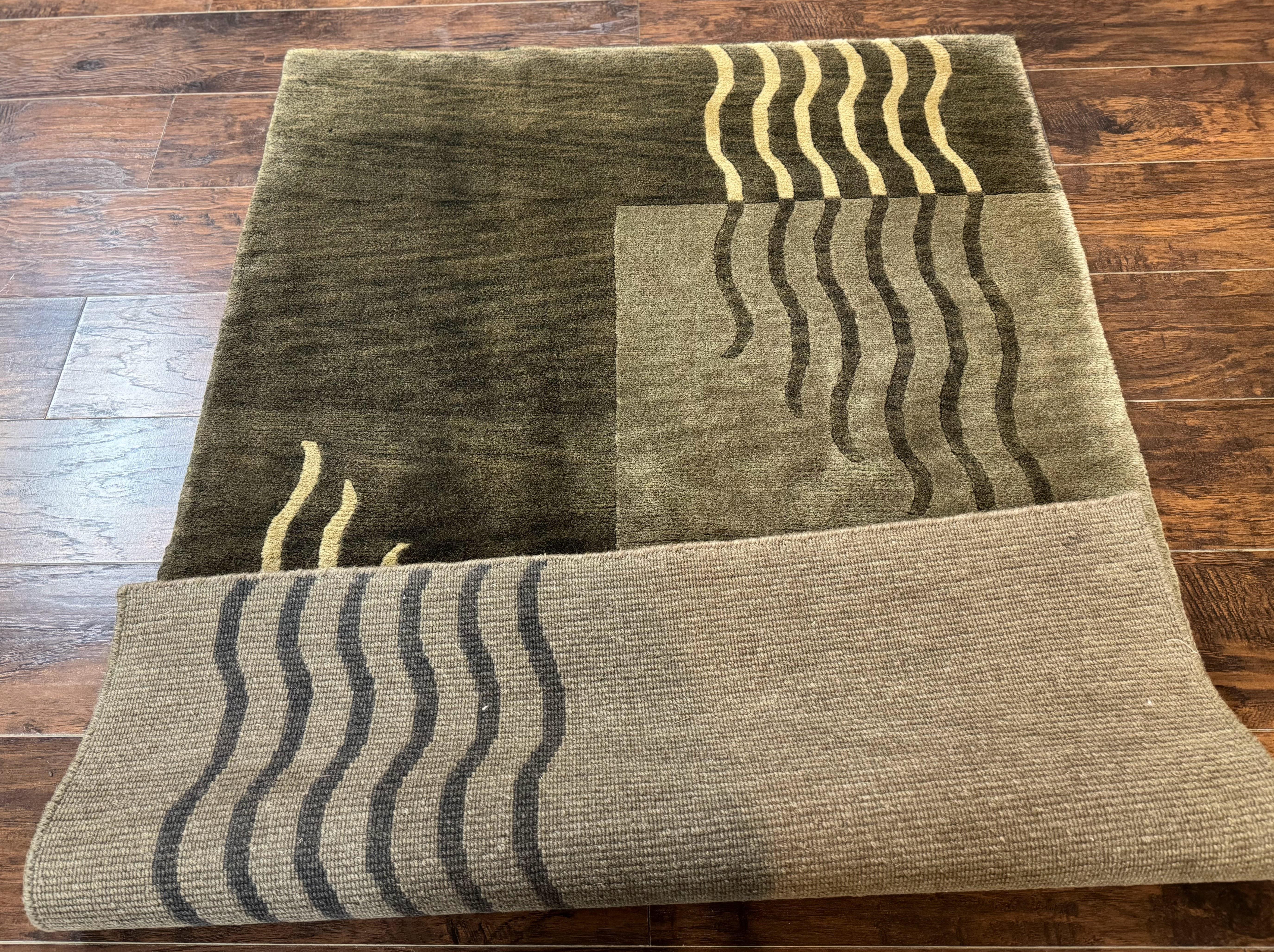 Modern Tibetan Wool Rug 3.6 x 5.6, Shades of Green, Abstract Design - Jewel Rugs