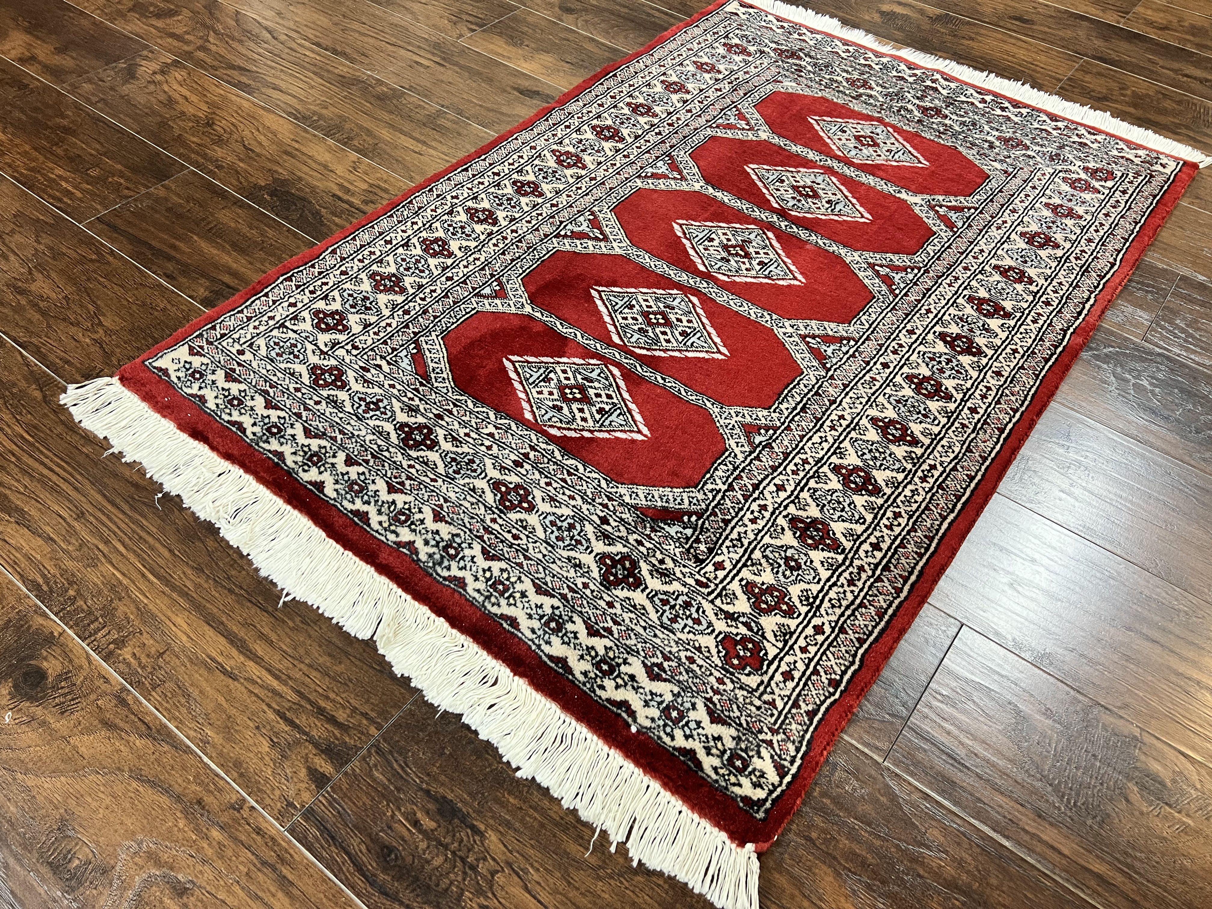 Red Turkoman Bokhara Rug 3x5, Pakistani Carpet 3 x 5 ft, Hand Knotted Wool Vintage Rug - Jewel Rugs