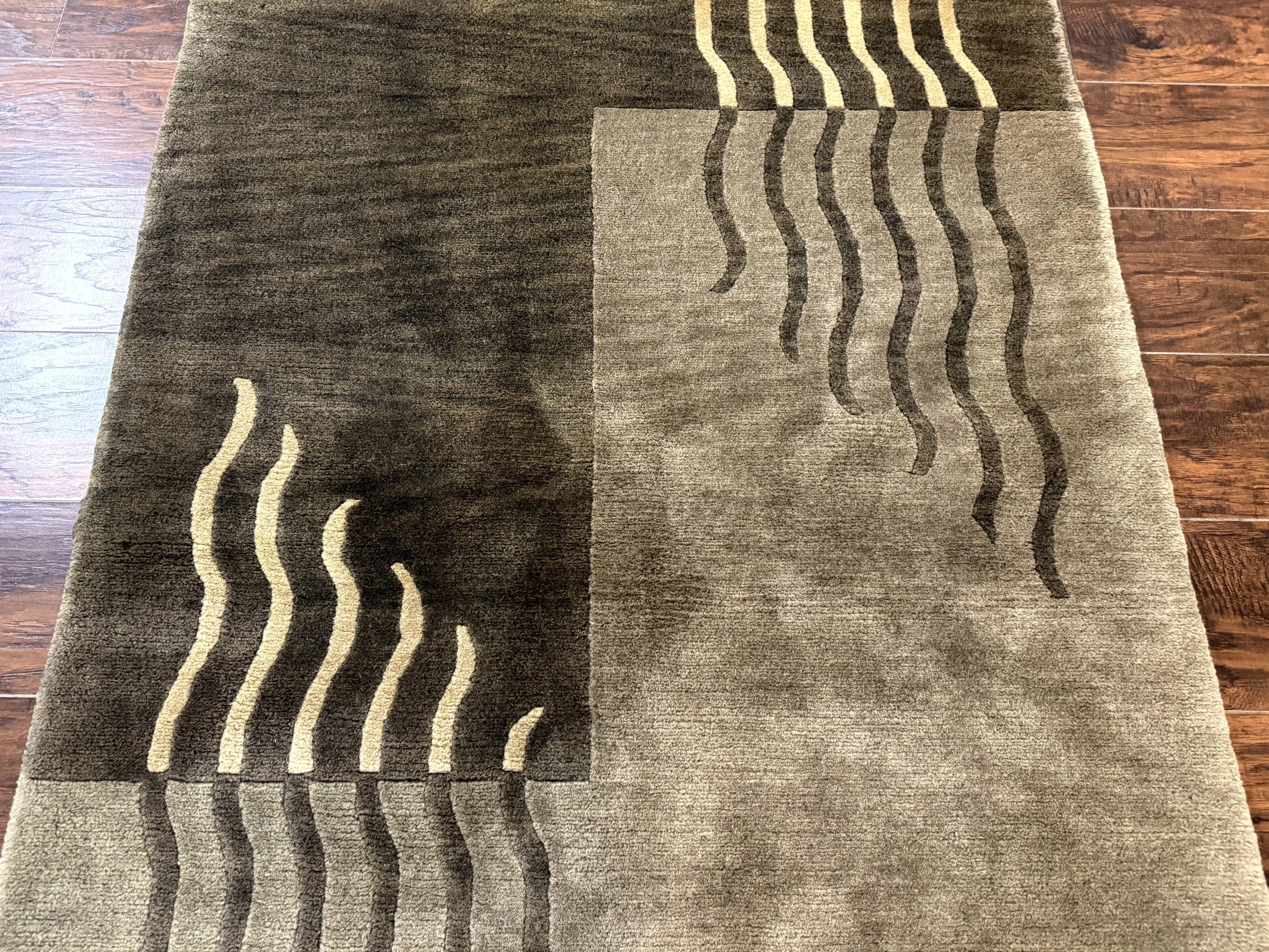 Modern Tibetan Wool Rug 3.6 x 5.6, Shades of Green, Abstract Design - Jewel Rugs