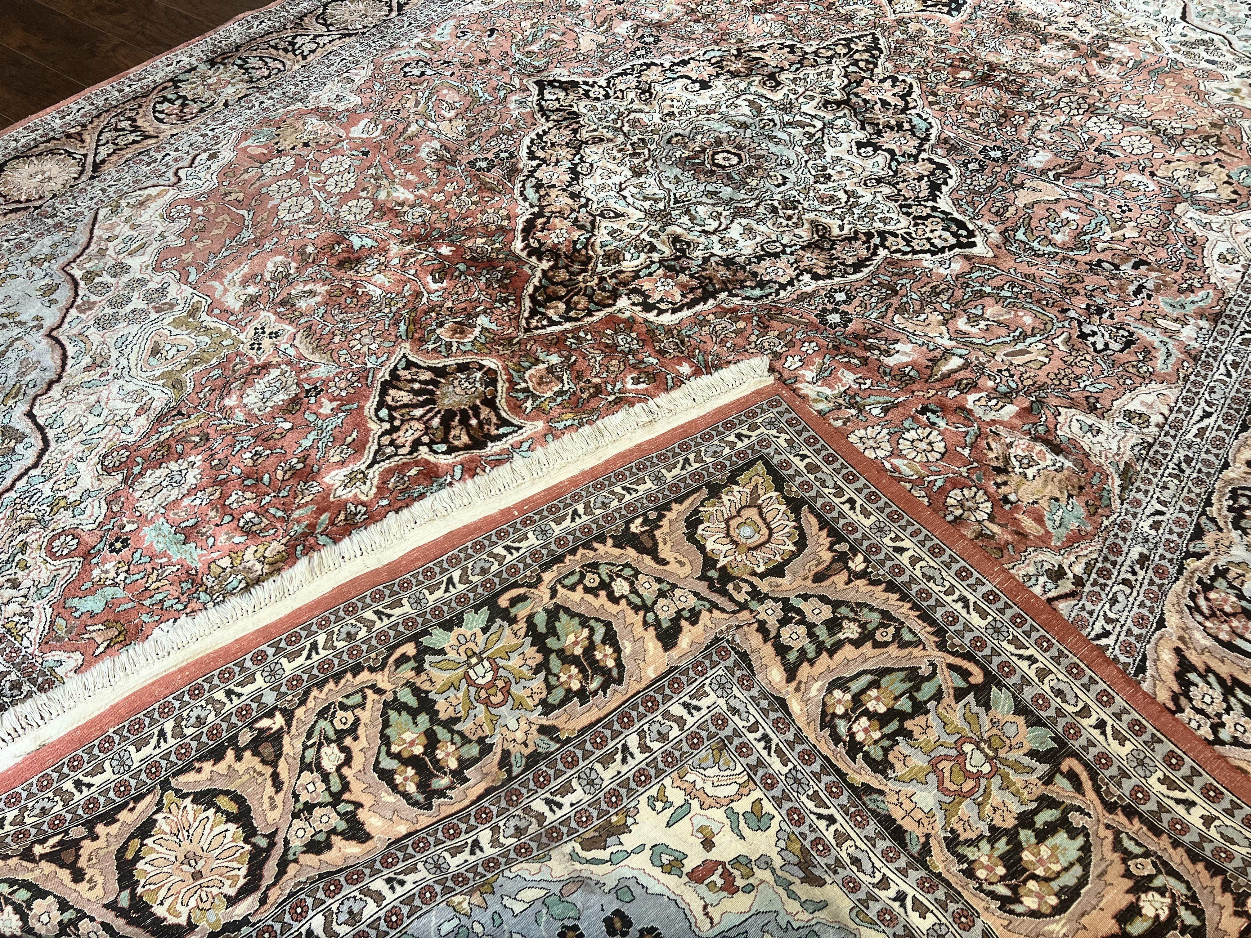 Silk Indian Kashmir Rug 10x14, Room Sized Silk Oriental Carpet, Indo Persian Kashmiri Rug, Traditional Floral Medallion Handmade Rug - Jewel Rugs