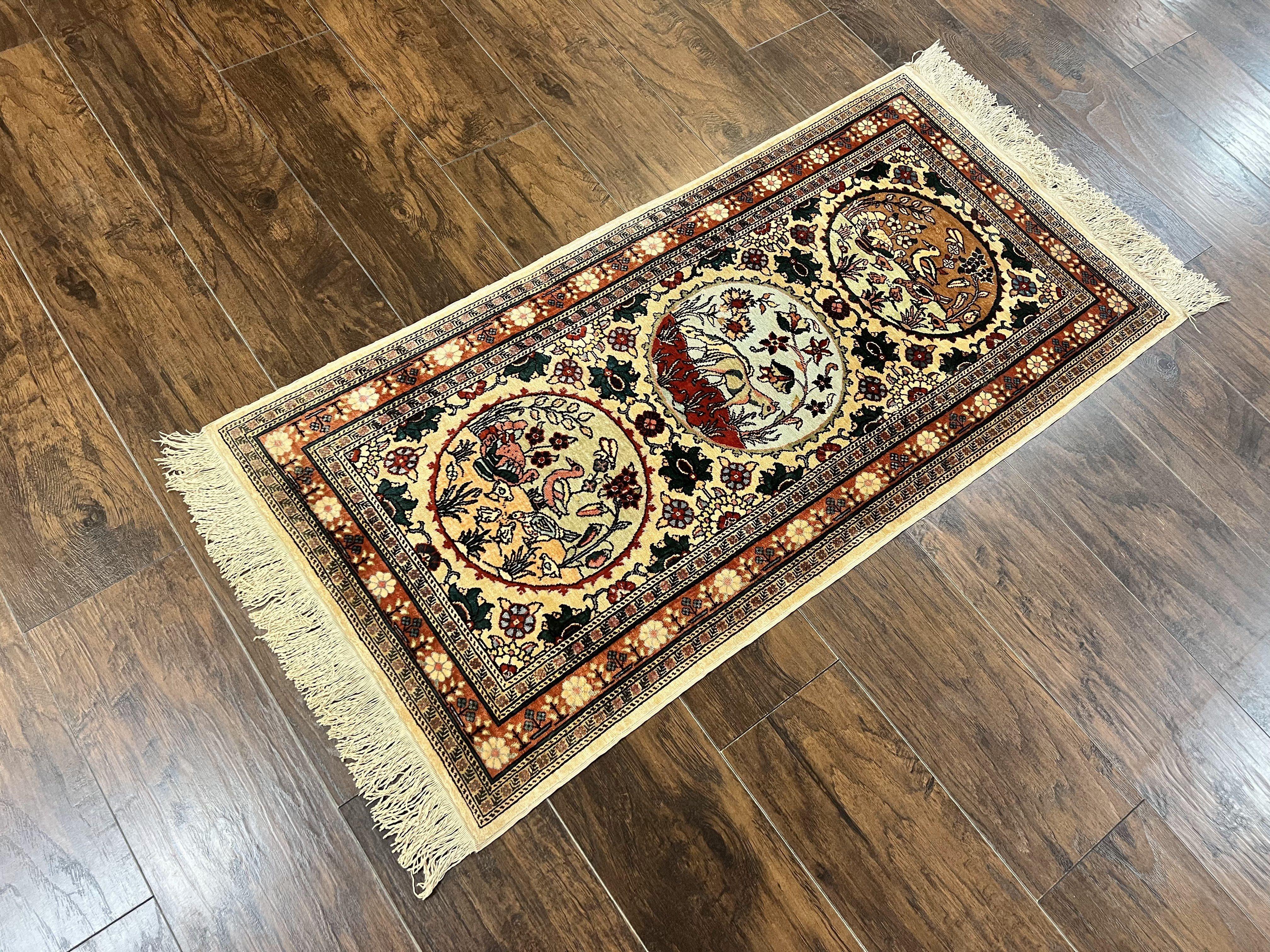 Silk Turkish Rug 2x4, Fine Handmade Oriental Rug, Animal Pictorial Birds Silk Pile on Silk Foundation Vintage Hand Knotted Hereke Carpet - Jewel Rugs