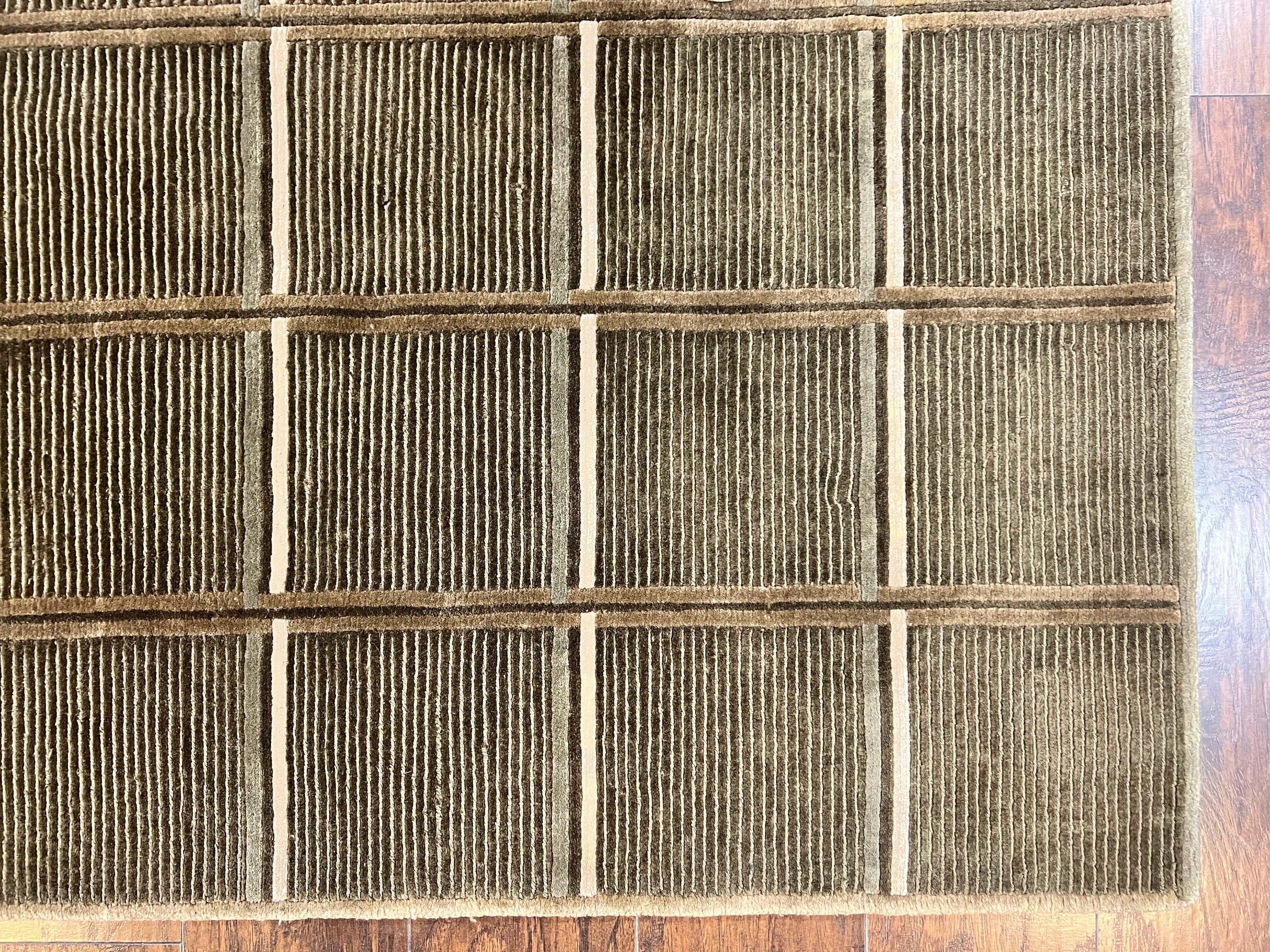 Tibetan Rug 4x6, Green Wool Handmade Area Rug 4 x 6, Panel Design, Modern Contemporary - Jewel Rugs