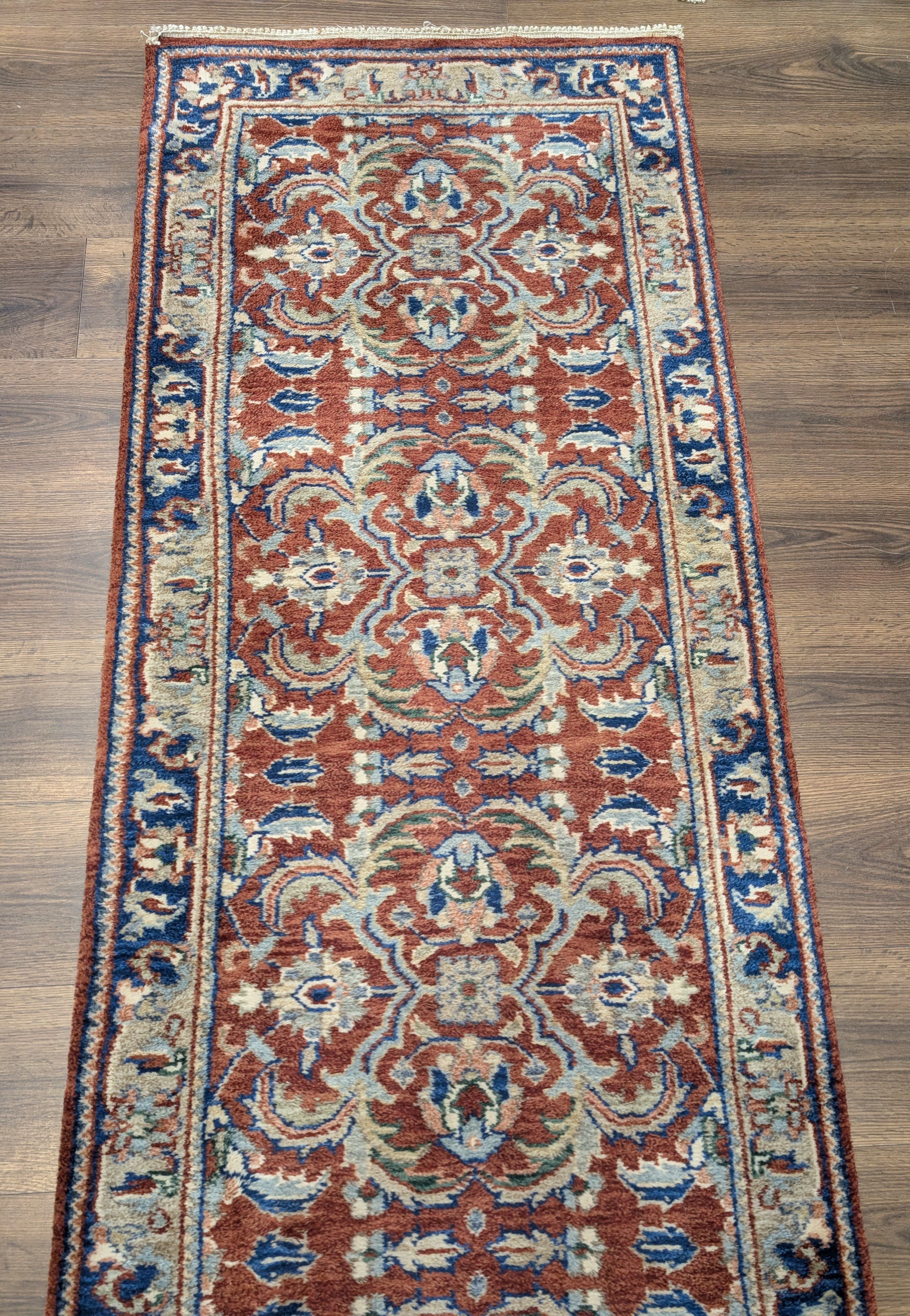 Indo Persian Runner Rug 2.6 x 16, Long Narrow Rug for Hallway, Brick Red and Blue - Jewel Rugs
