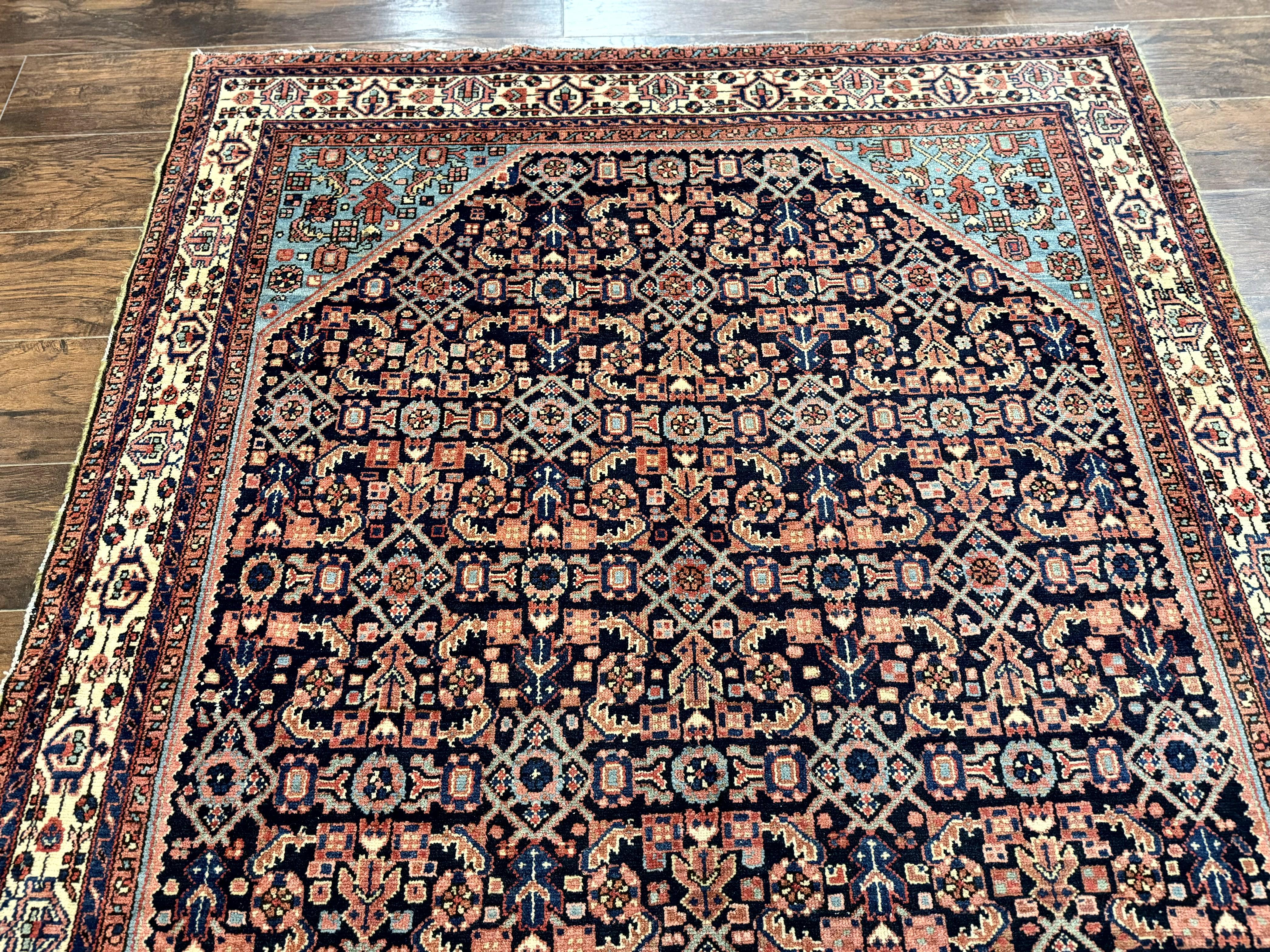 Antique Persian Rug 5 x 6.7, Navy Blue & Ivory, Handmade Persian Wool Carpet, Hamadan Angelas Rug - Jewel Rugs