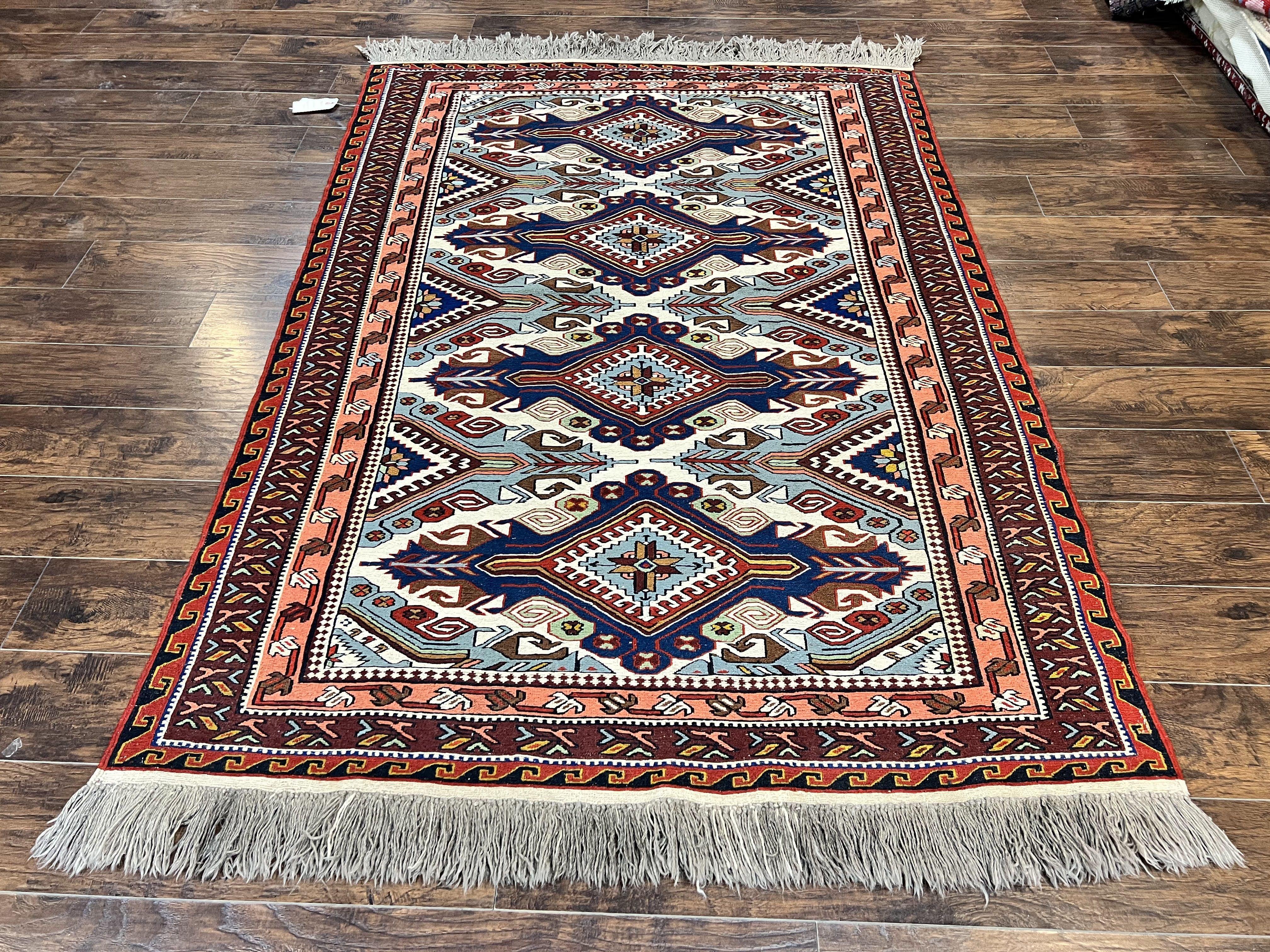 Russian Soumak Rug 6x8, Wool Handmade Antique Kilim Carpet, Multicolor 6 x 8 Geometric Medallions Caucasian Rug, Medium Size - Jewel Rugs
