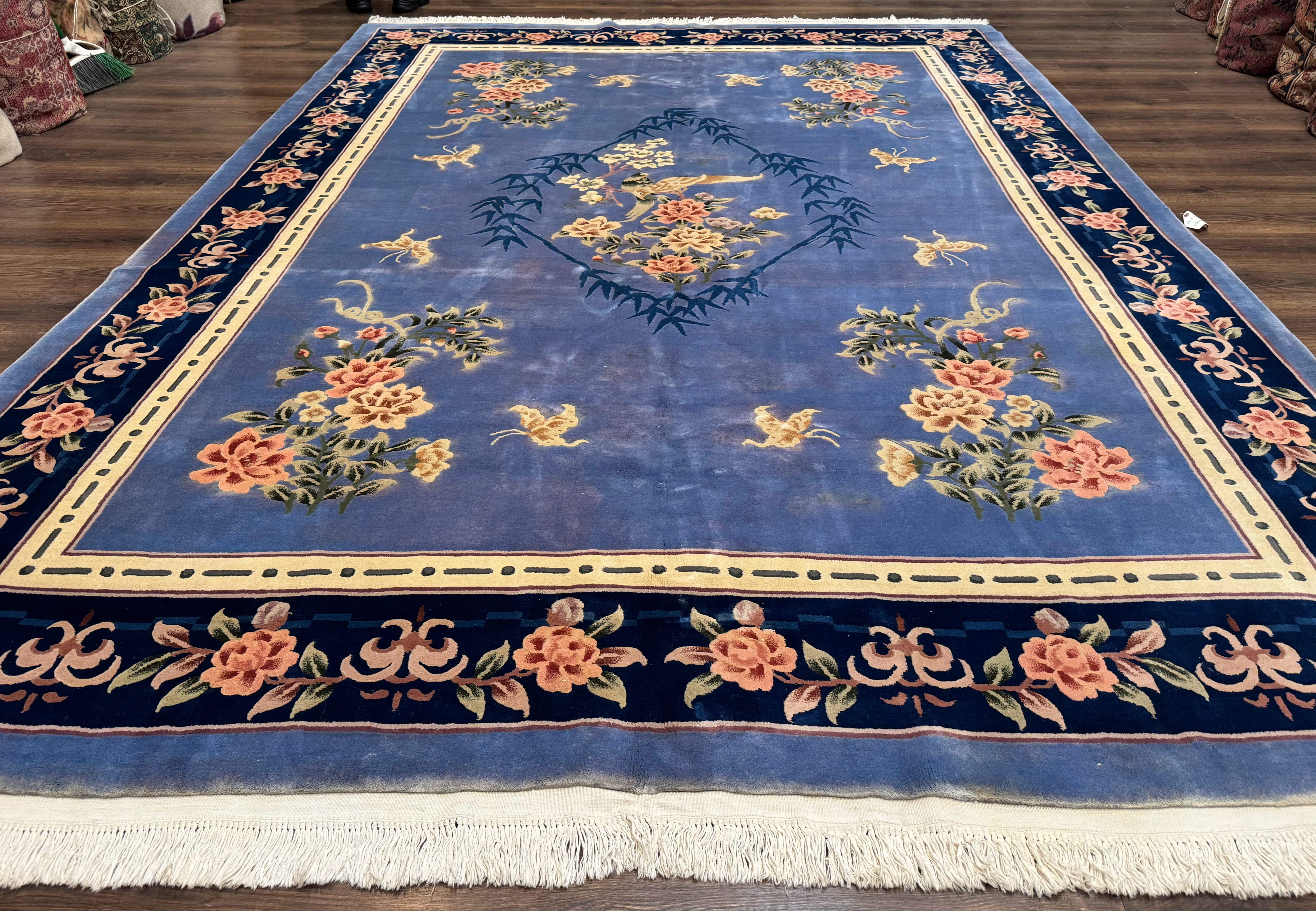 Blue Chinese Wool Rug 9x12, Art Deco Peking Asian Oriental Carpet, Floral Butterflies, 90 Line Rug - Jewel Rugs