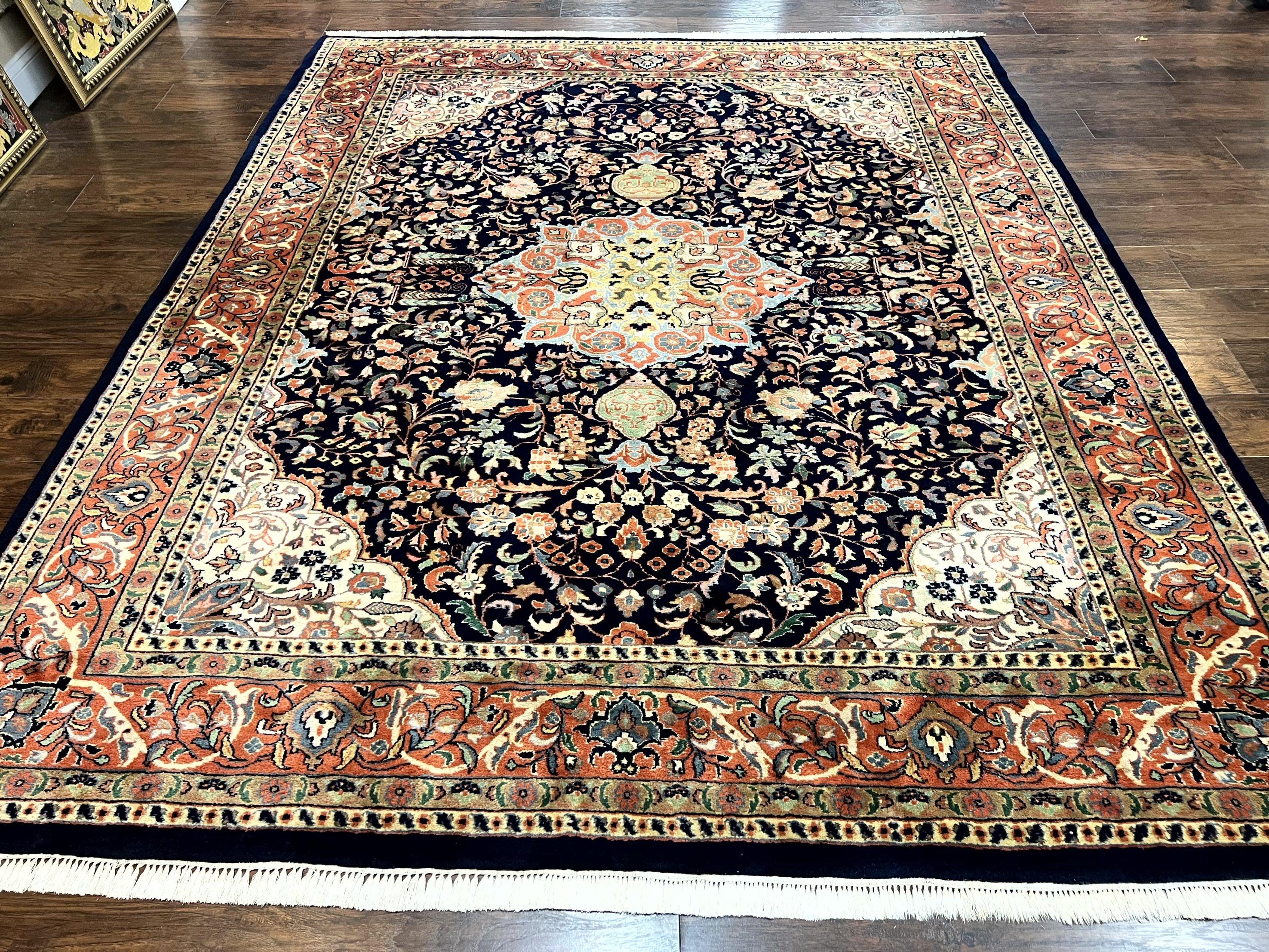 Indo Persian Rug 8x10, Midnight Blue & Red, Handmade Vintage Wool Carpet, Floral Medallion - Jewel Rugs