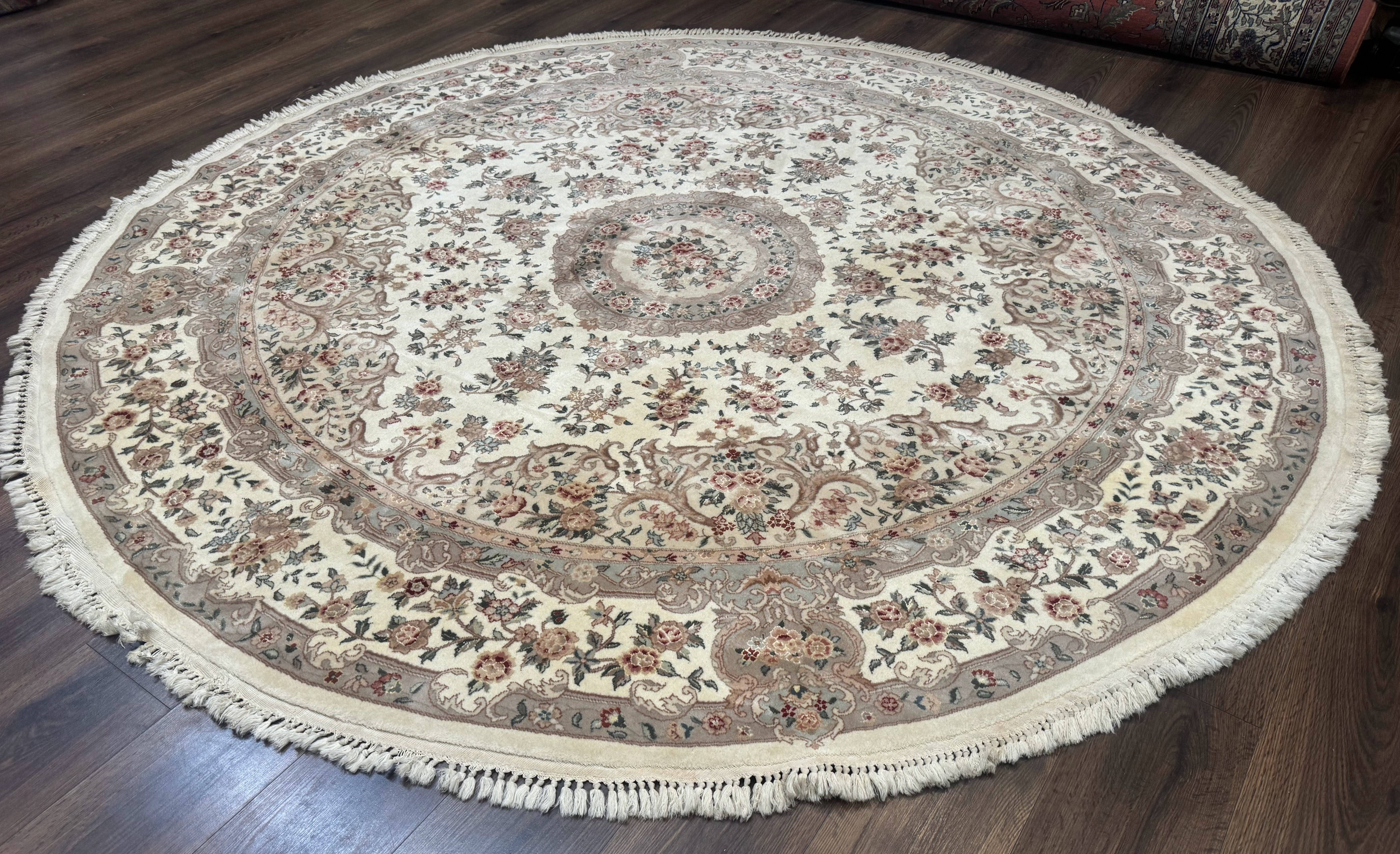 Round Sino Persian Rug 8x8 ft, Wool and Silk, Fine 200 KPSI, Ivory - Jewel Rugs