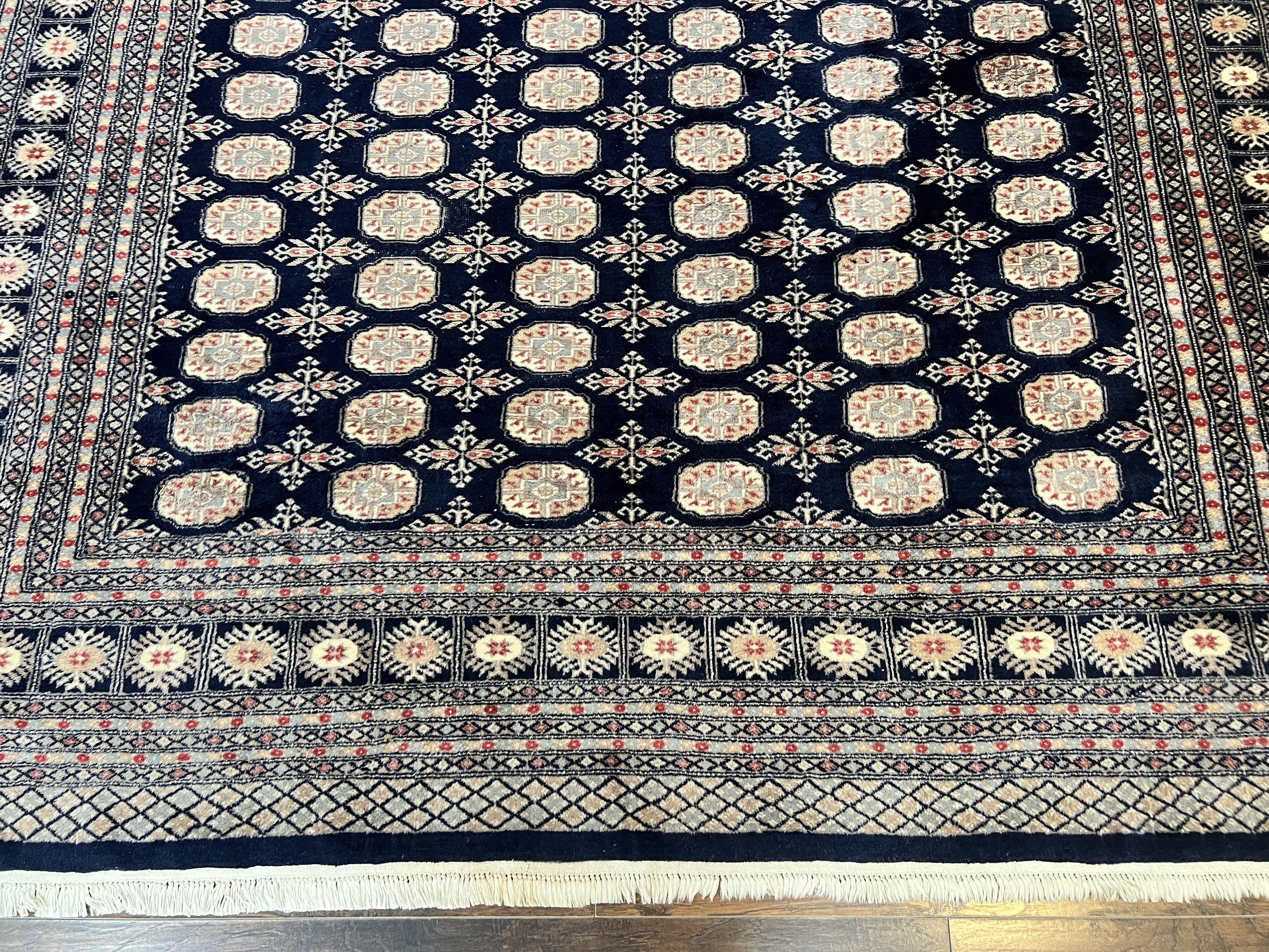 Pakistani Bokhara Rug 8x10, Turkoman Carpet, Dark Blue and Beige, Vintage Handmade Wool Carpet - Jewel Rugs