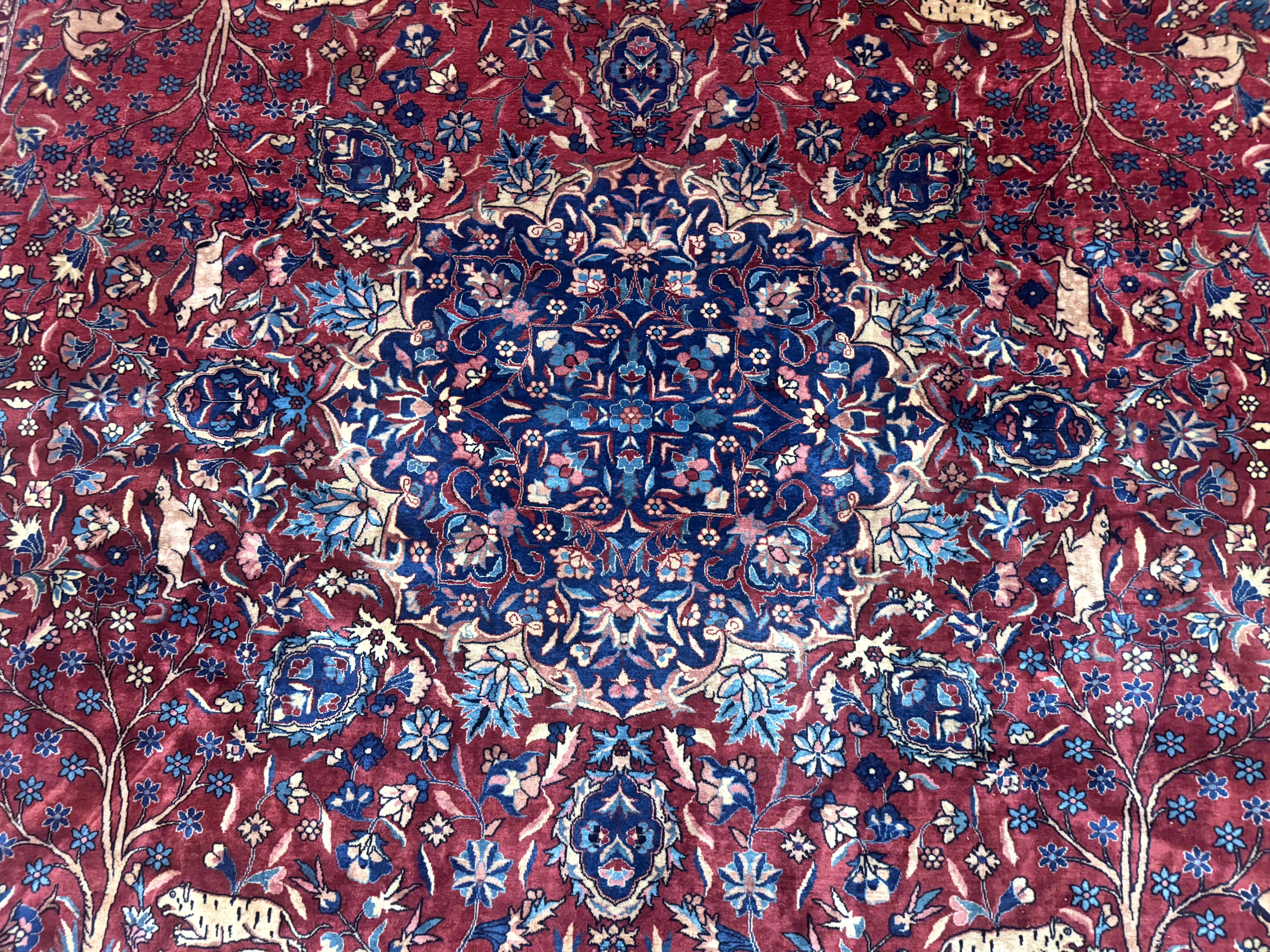 Antique Indo Persian Kerman Rug 9x12 Red Manchester Wool Animal Pictorials, Fine 290 KPSI - Jewel Rugs