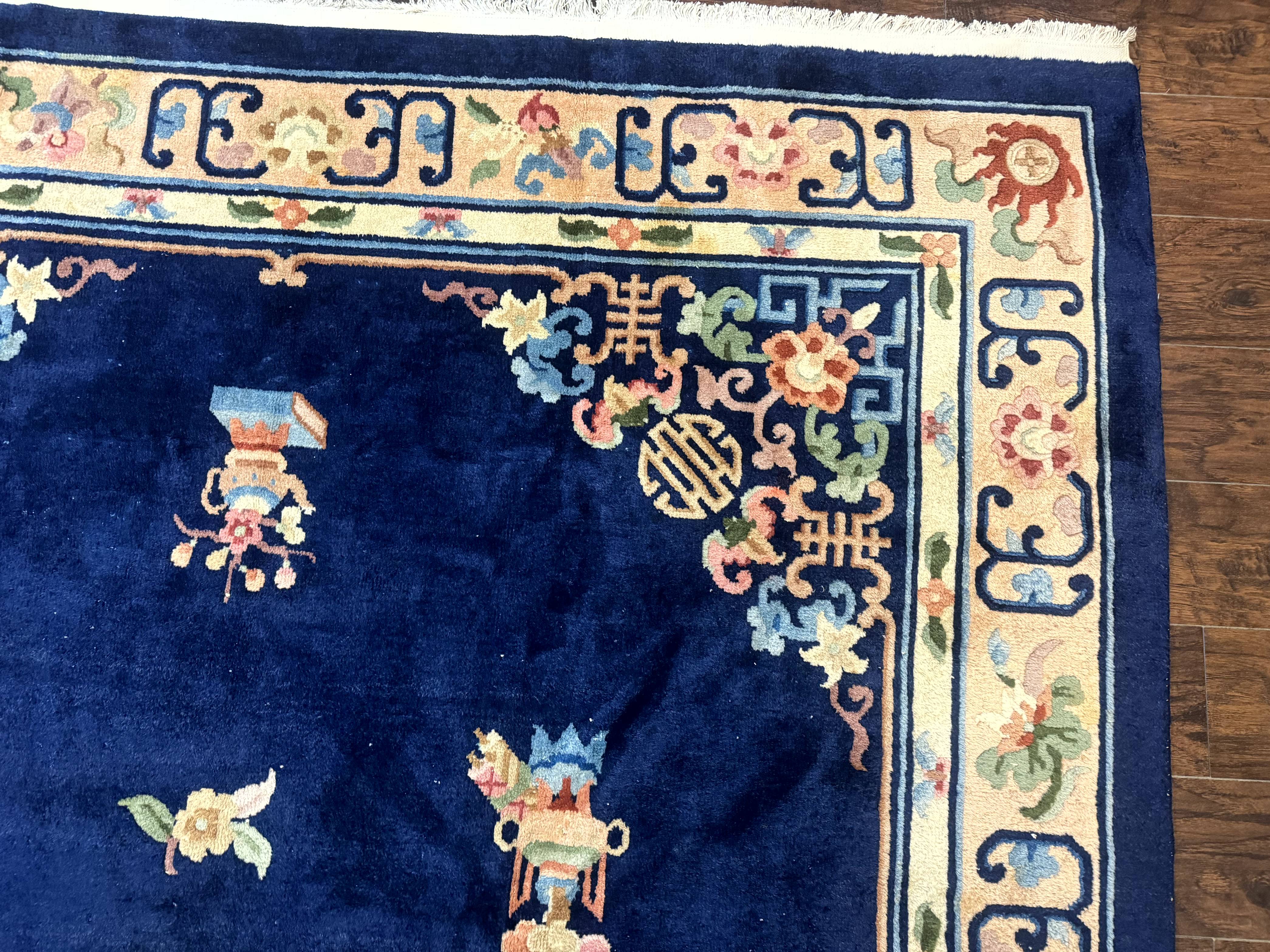 Chinese Wool Rug 8x11, Navy Blue and Beige, Simple Design, Fete Carpet - Jewel Rugs