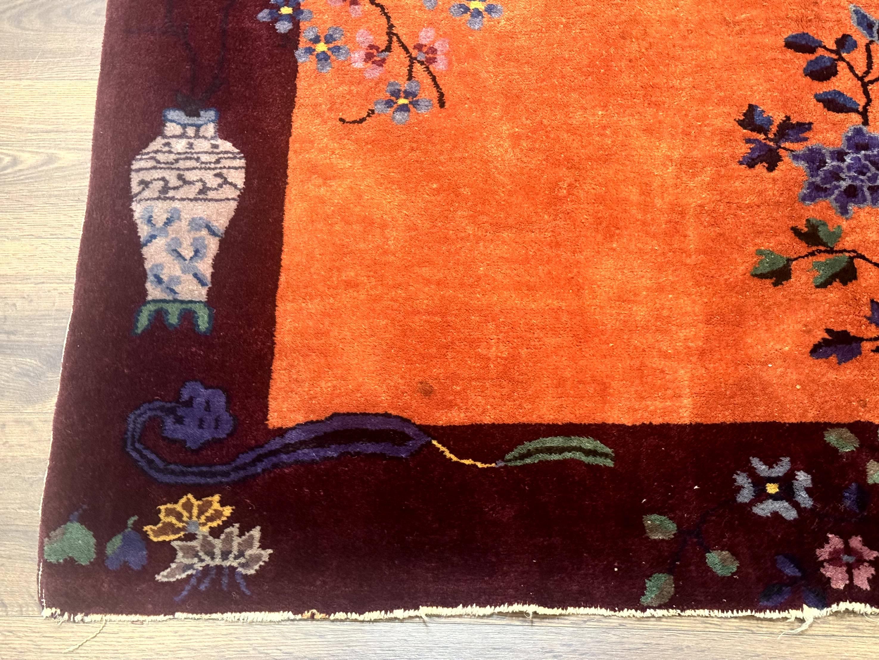 Chinese Art Deco Rug 5x8, Antique Chinese Wool Rug, Nichols Rug, Rare Chinese Carpet, Orange and Purple-Maroon - Jewel Rugs