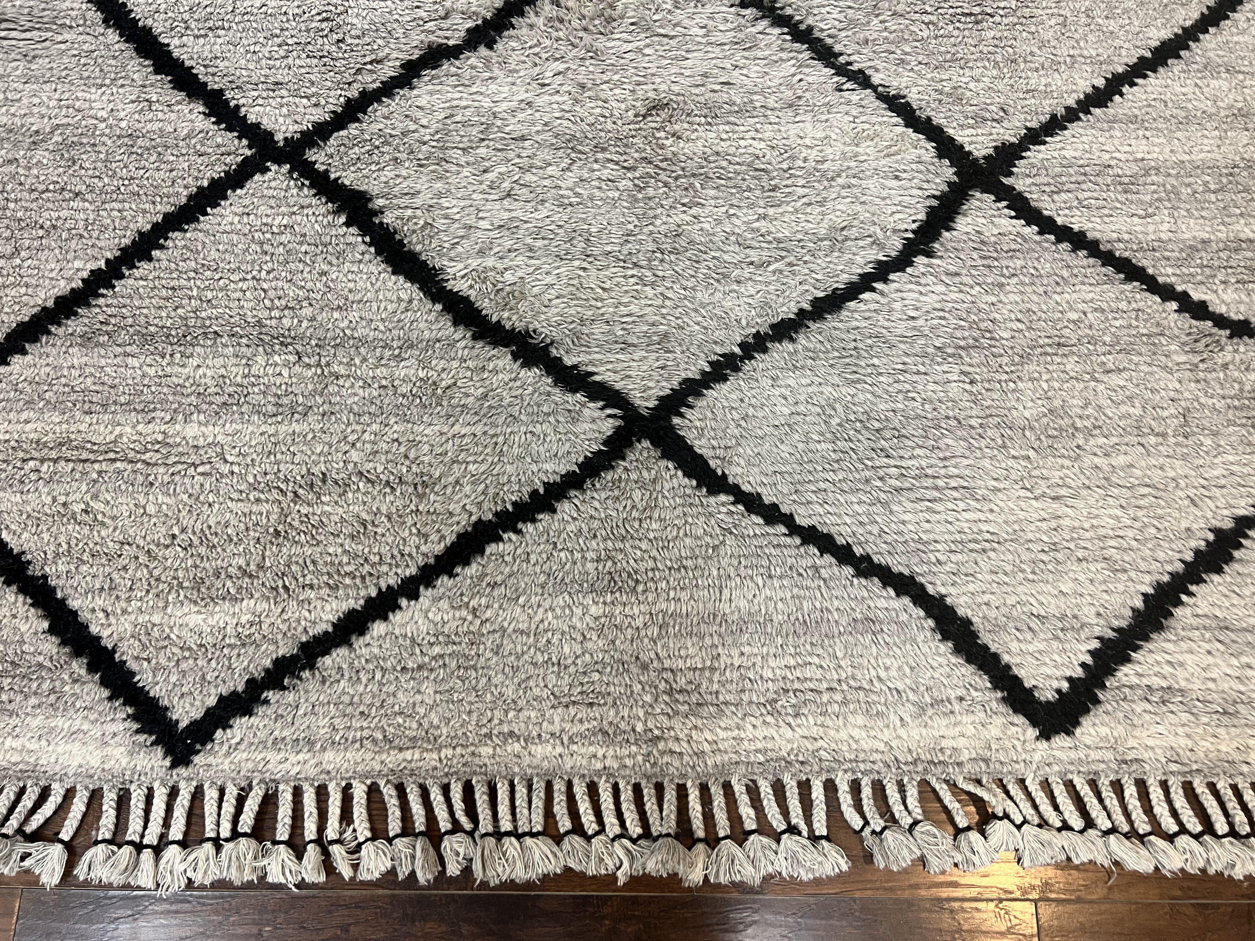 Modern Shag Rug 8x10, Gray and Black, Wool and Cotton, Lulu and Georgia, Handmade Indian Shag Rug - Jewel Rugs