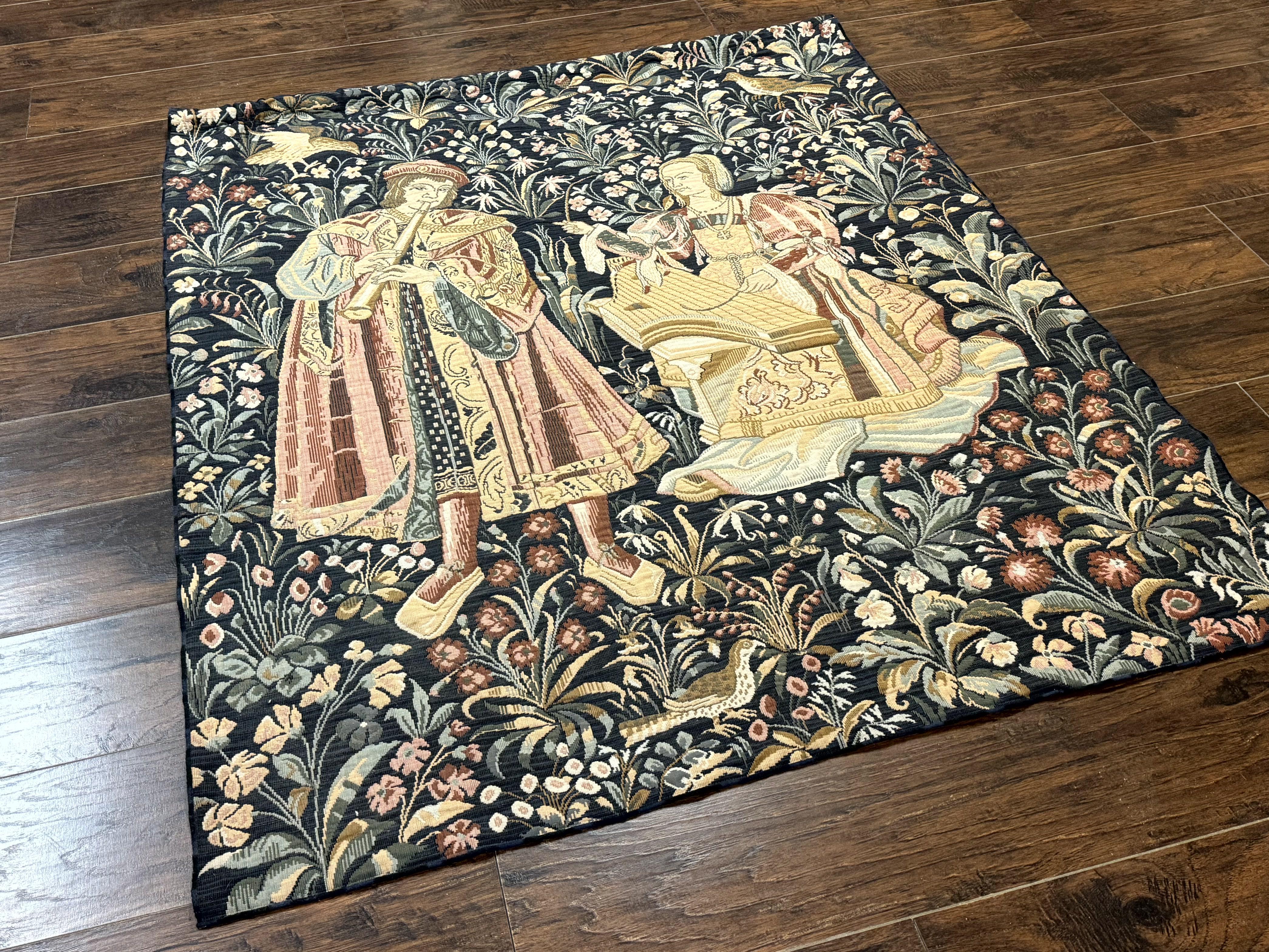 Vintage Belgium Tapestry 4x5, The Concet Musicians, Green - Jewel Rugs