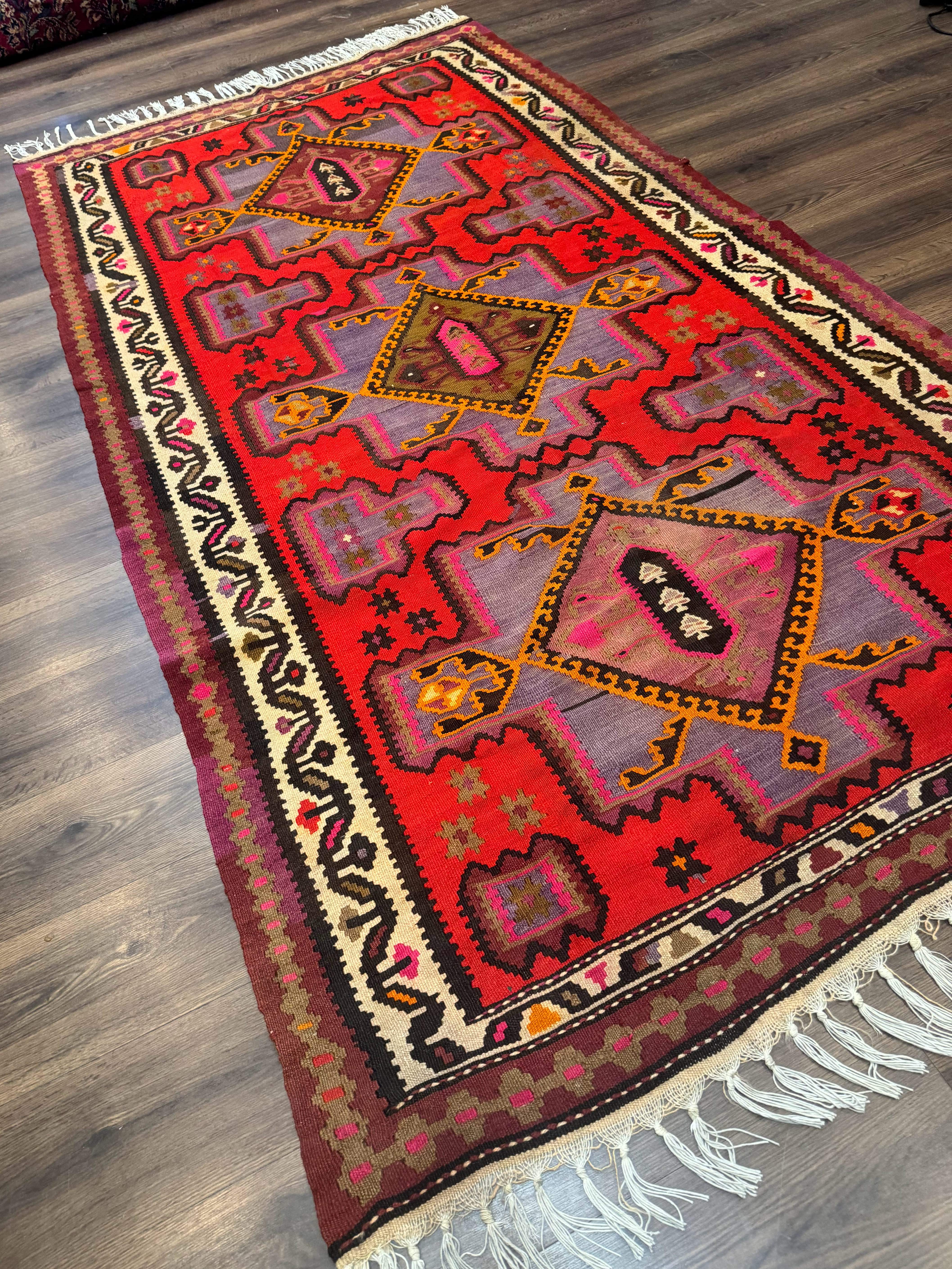 Persian Kurdish Zarand Kilim Rug 5x9, Red, Geometric Medallions, Wide Runner - Jewel Rugs
