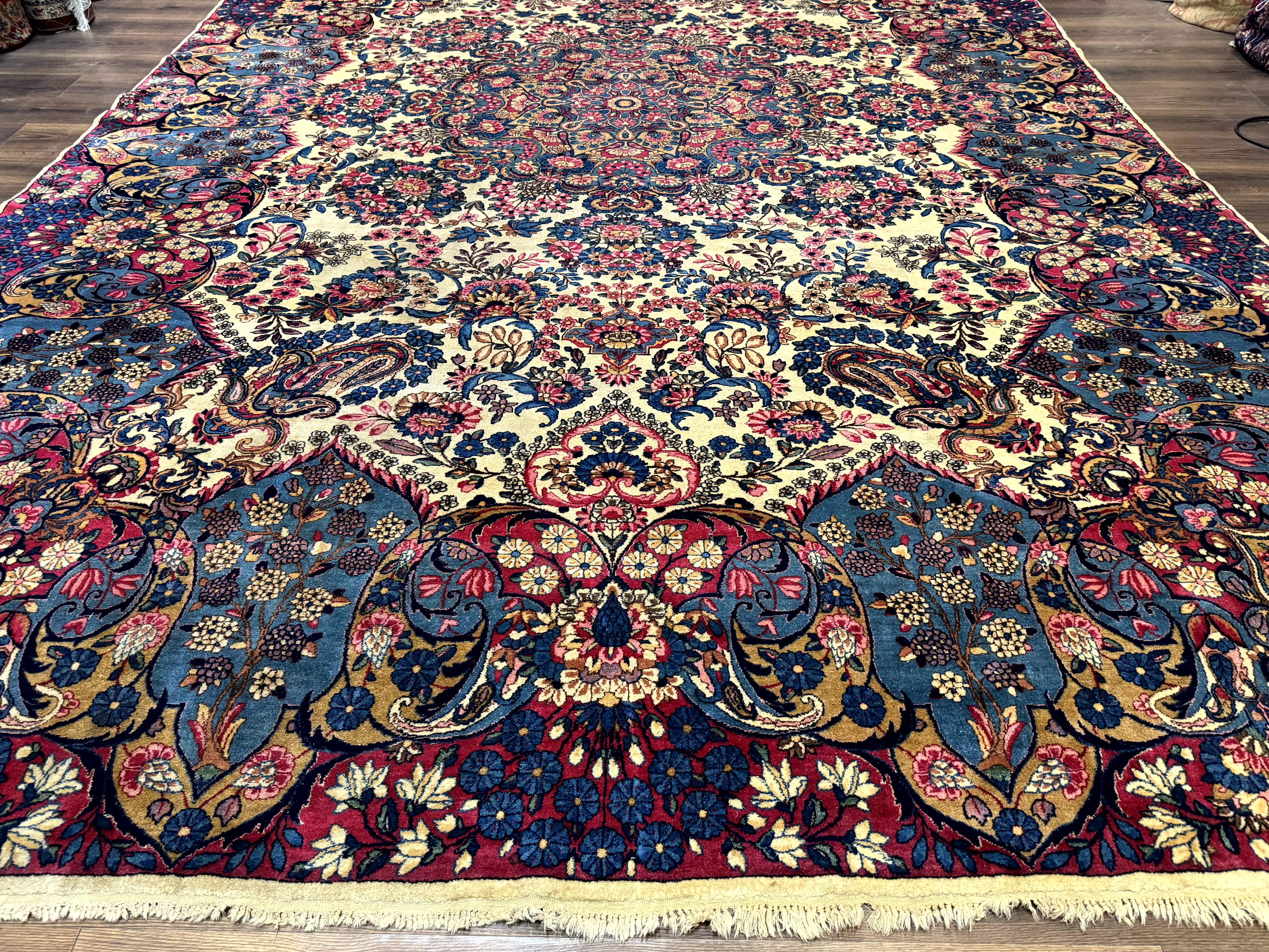 Wonderful Persian Kerman Rug 11x16, Rare Antique Palace Size Persian Carpet, Cream Blue Red, Colorful - Jewel Rugs