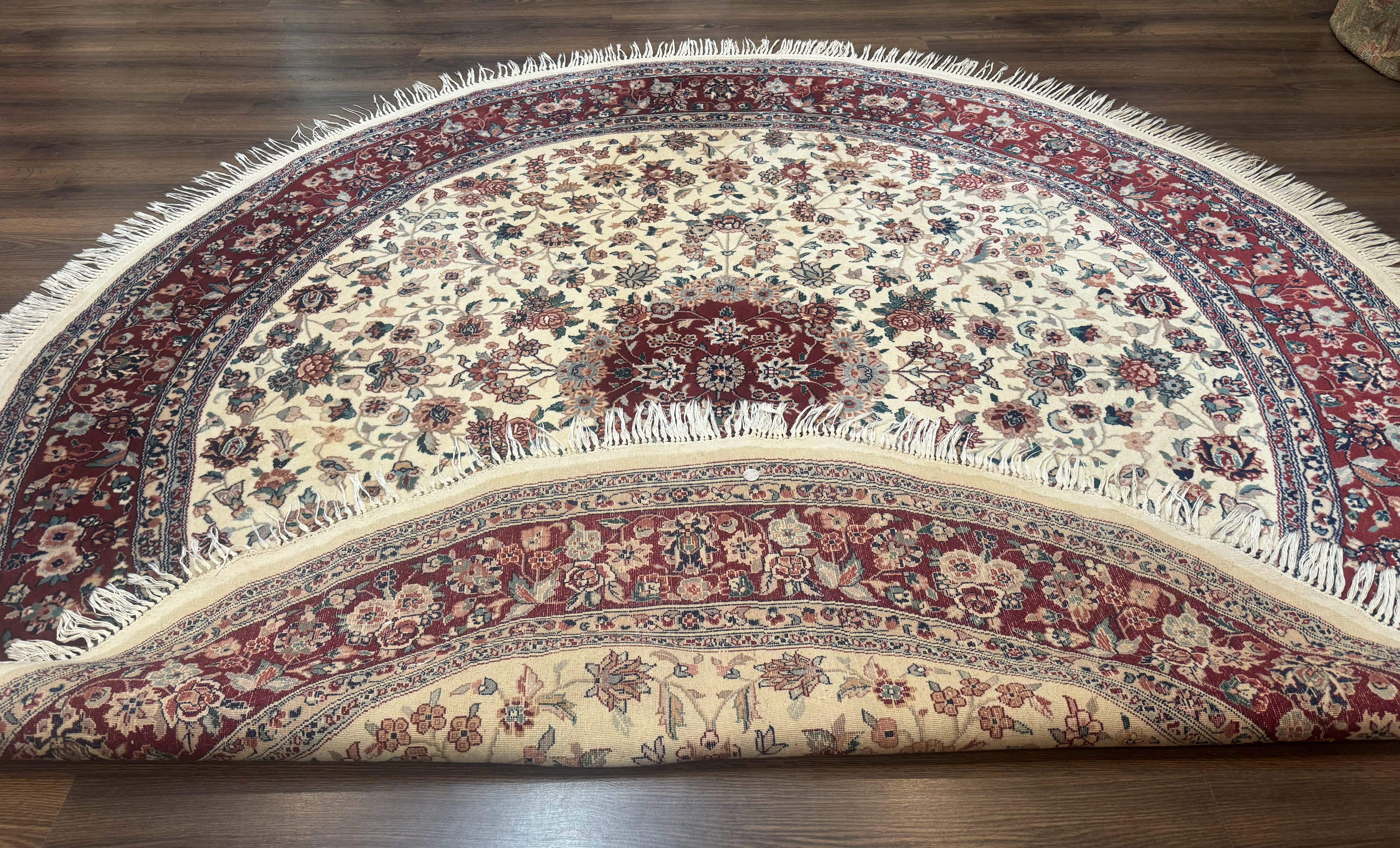 Round Sino Persian Rug 8x8, Wool and Silk, Floral Medallion, Ivory Dark Red - Jewel Rugs