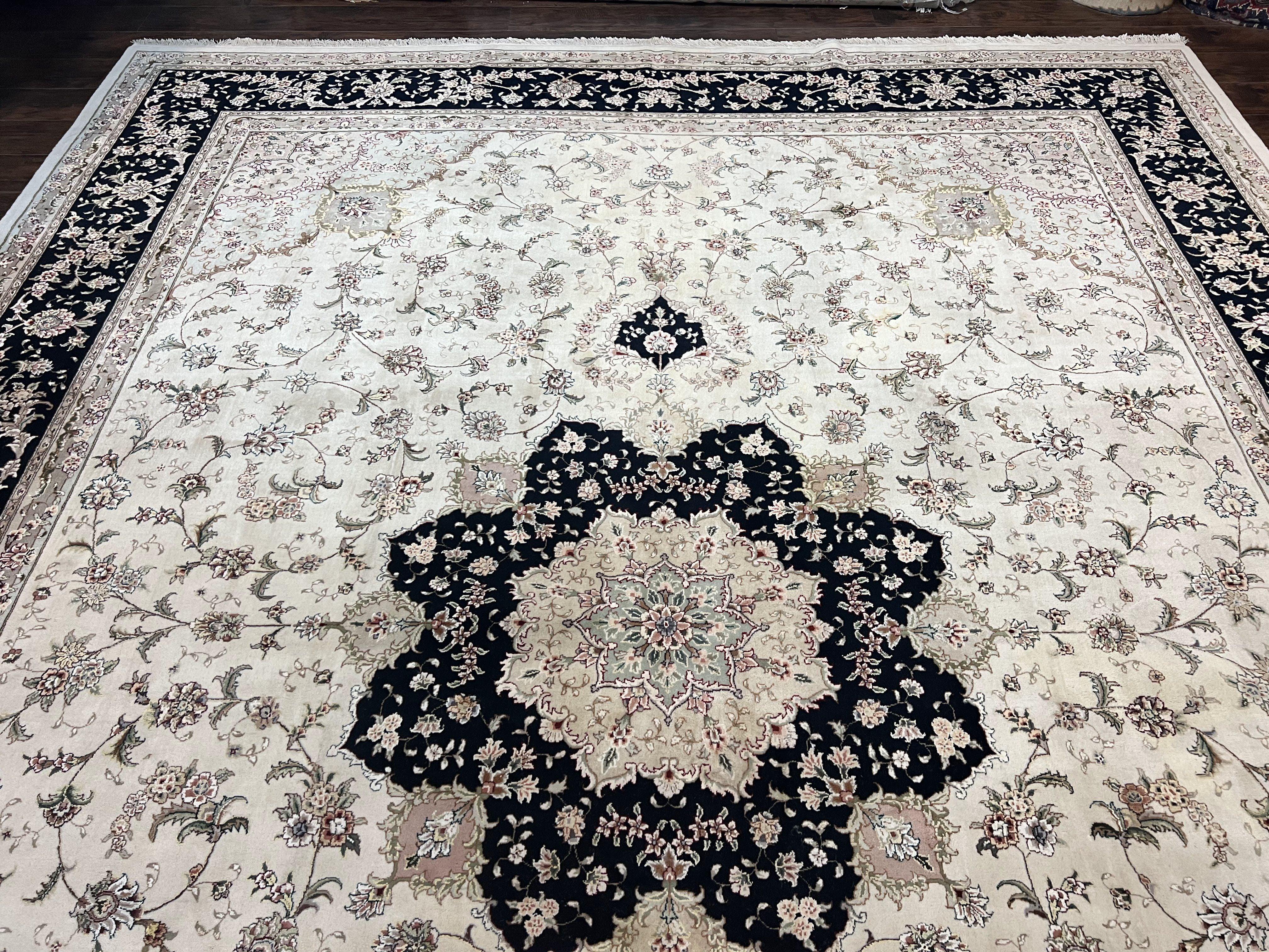 Sino Persian Rug 12x15, Ivory and Black, Floral Medallion Carpet, Large Palace Size Oriental Rug, Wool and Silk Highlights, Vintage Rug - Jewel Rugs