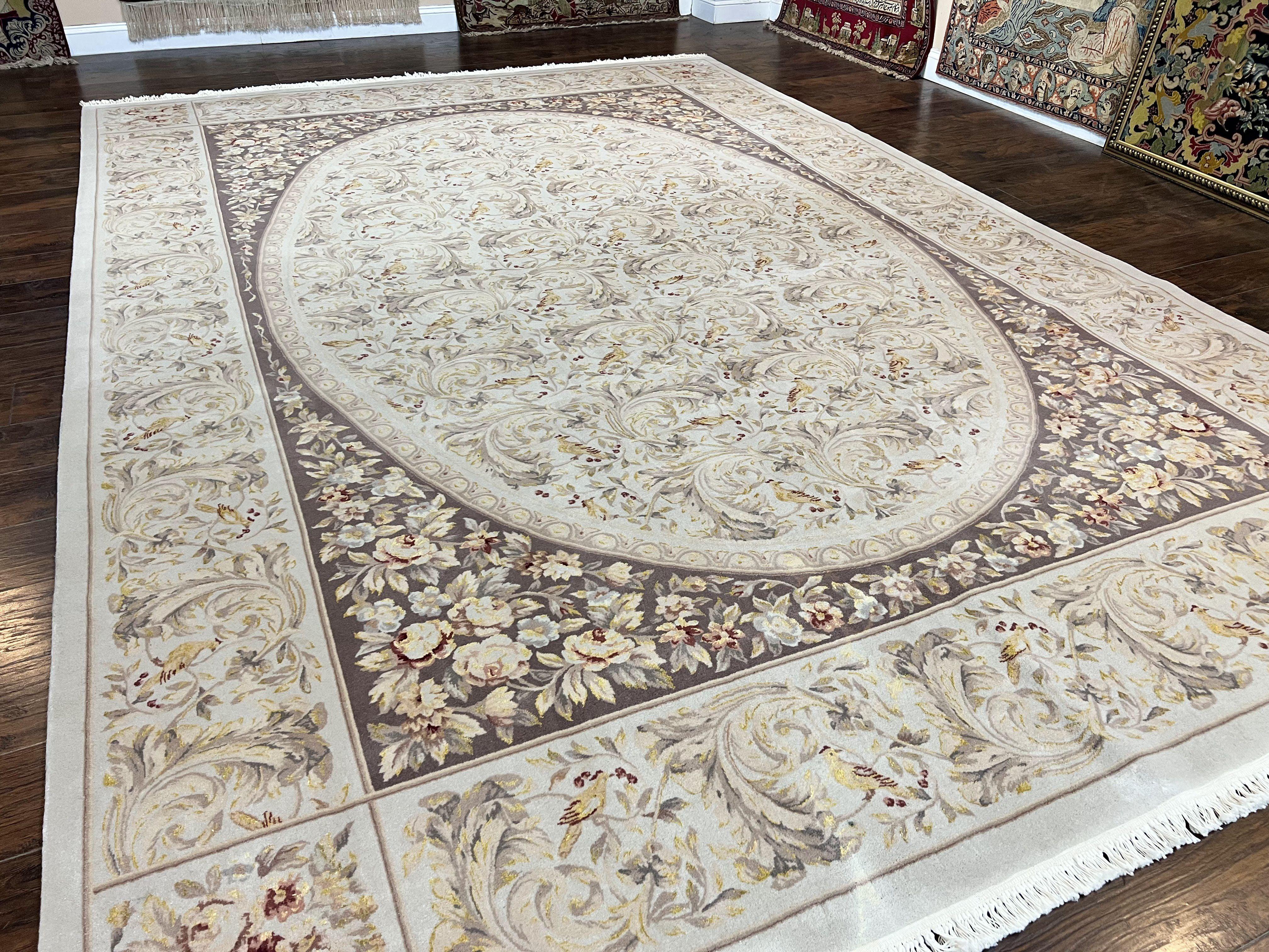 Aubusson Rug 10x14, Wool & Silk Highlights Hand Knotted Vintage Carpet, Birds Flowers, Fine Details, Elegant - Jewel Rugs