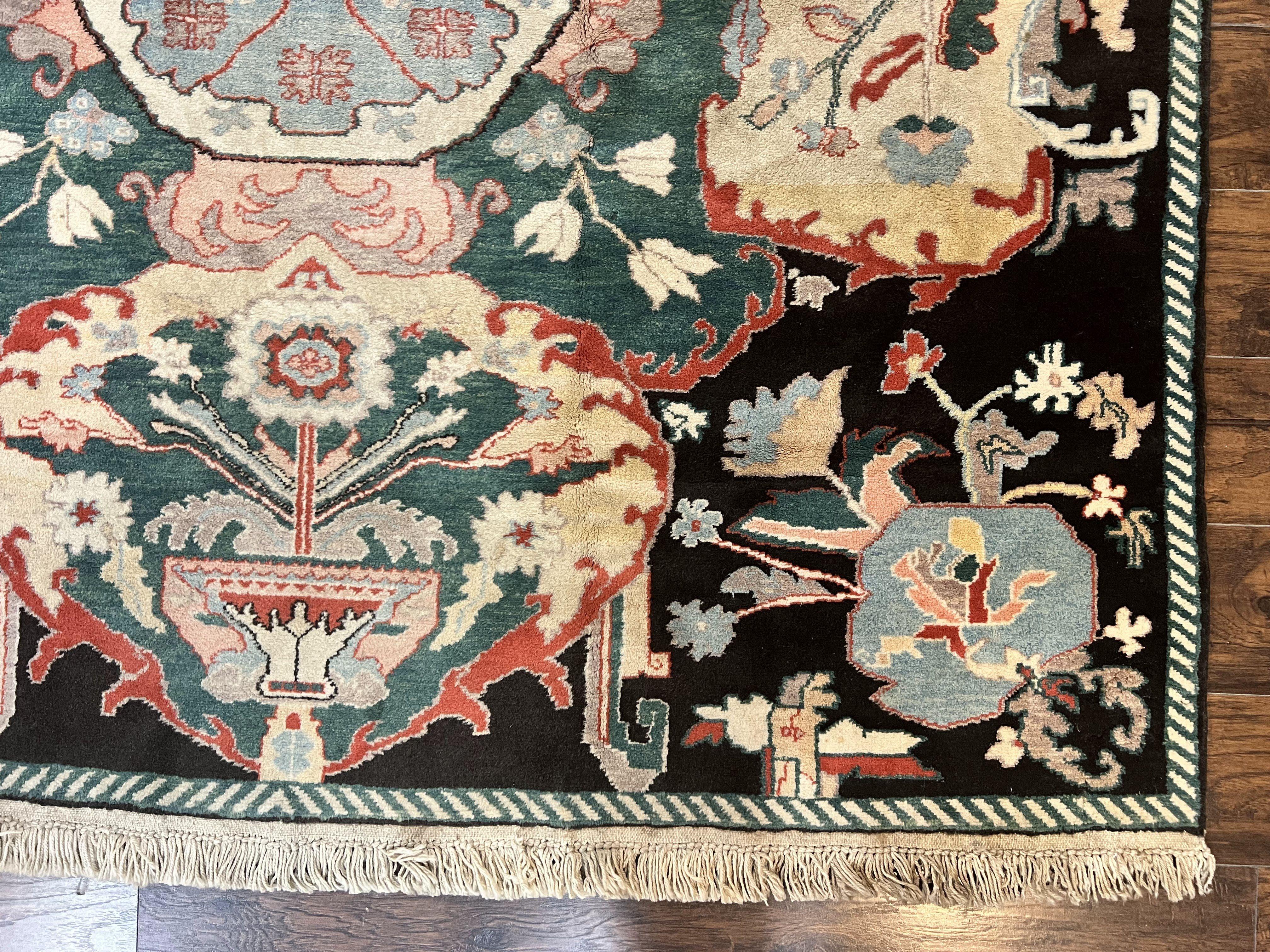 Square Turkish Rug 7x7, Vintage Handmade Wool Carpet, Black Beige Green - Jewel Rugs